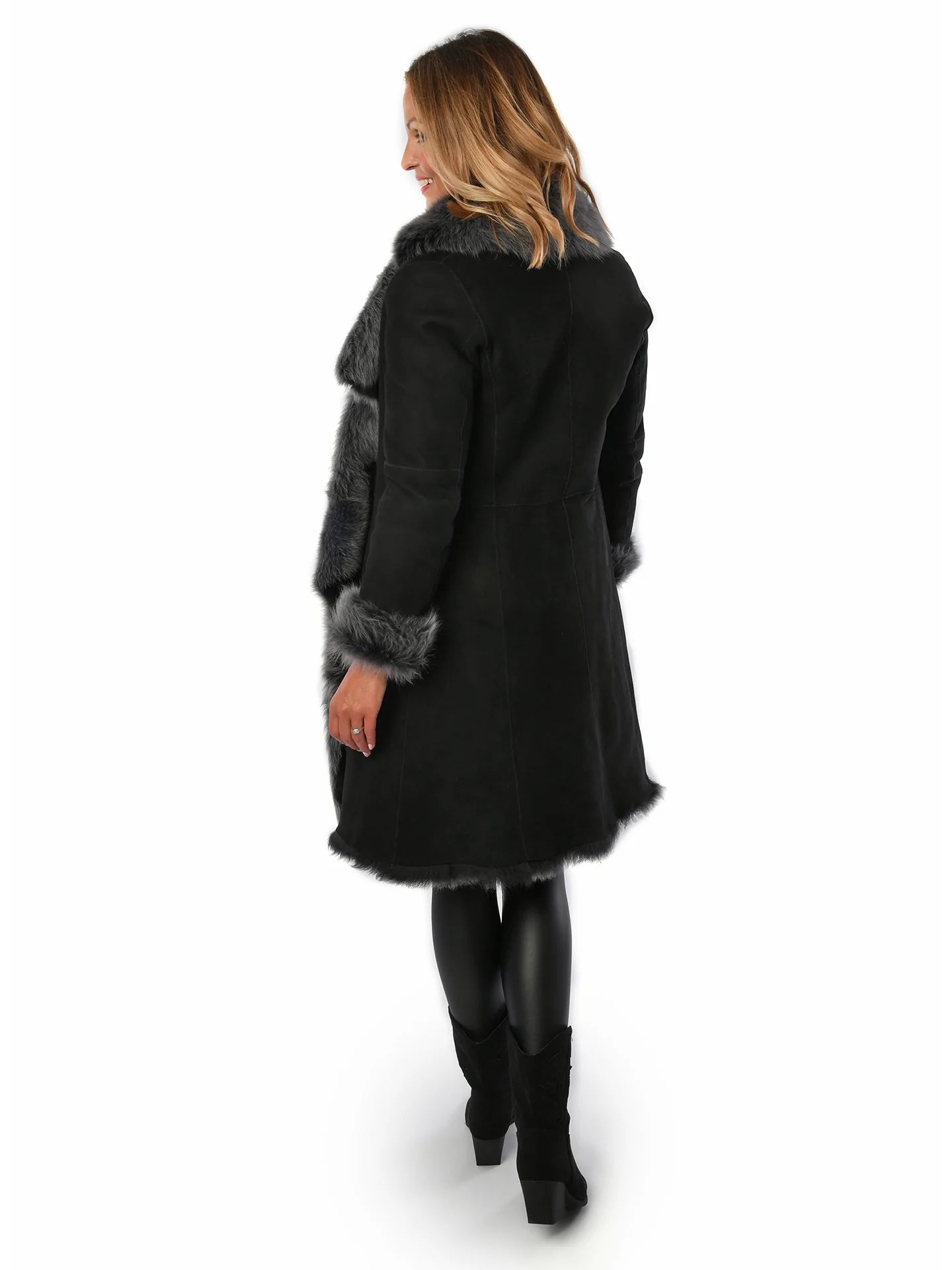 Black with Grey Ladies Women's Toscana Sheepskin Suede Coat for sale - Woodcock and Cavendish