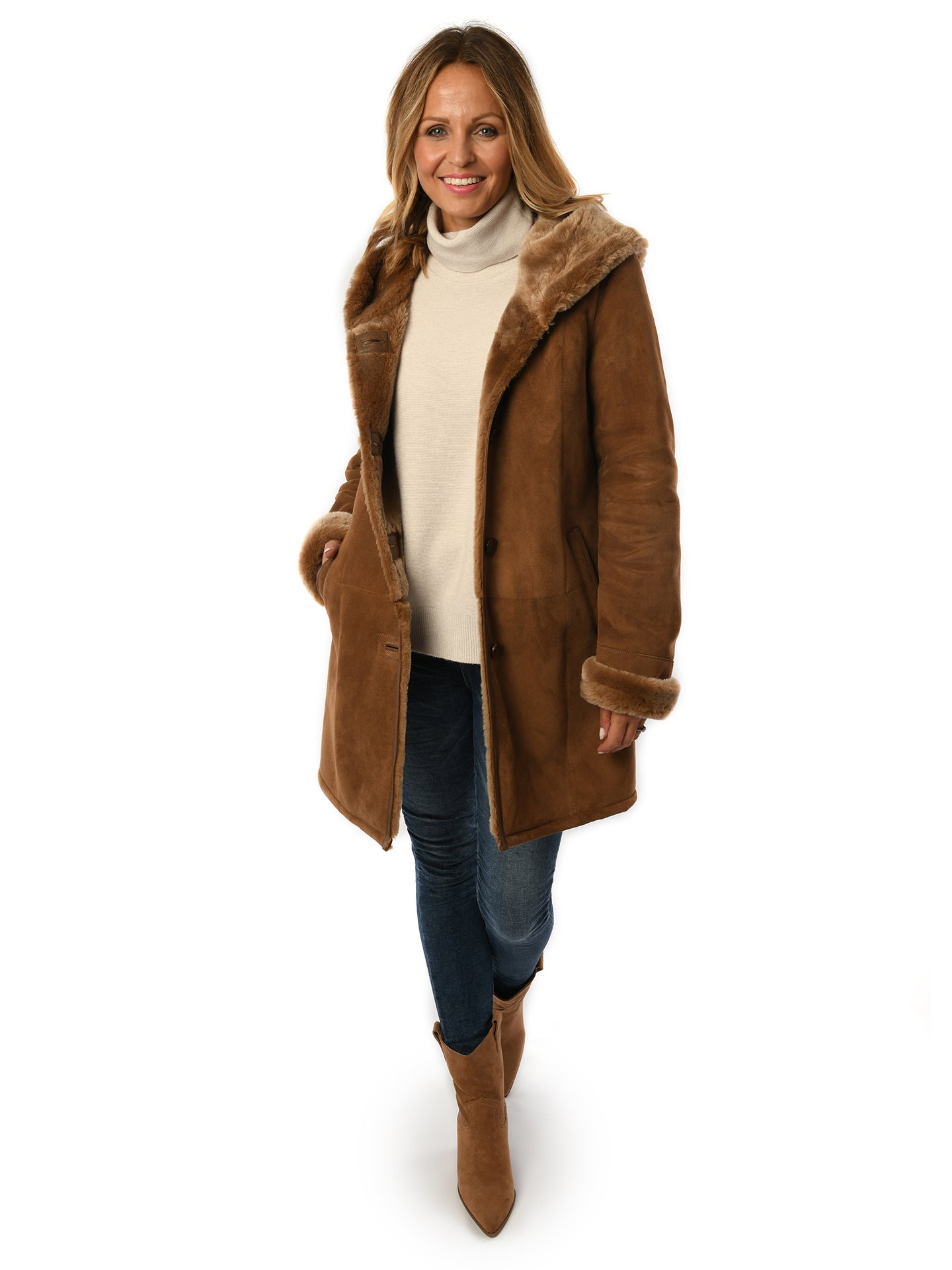 Ladies Merino Caramel Sheepskin Hooded Coat - Greenwich for sale - Woodcock and Cavendish