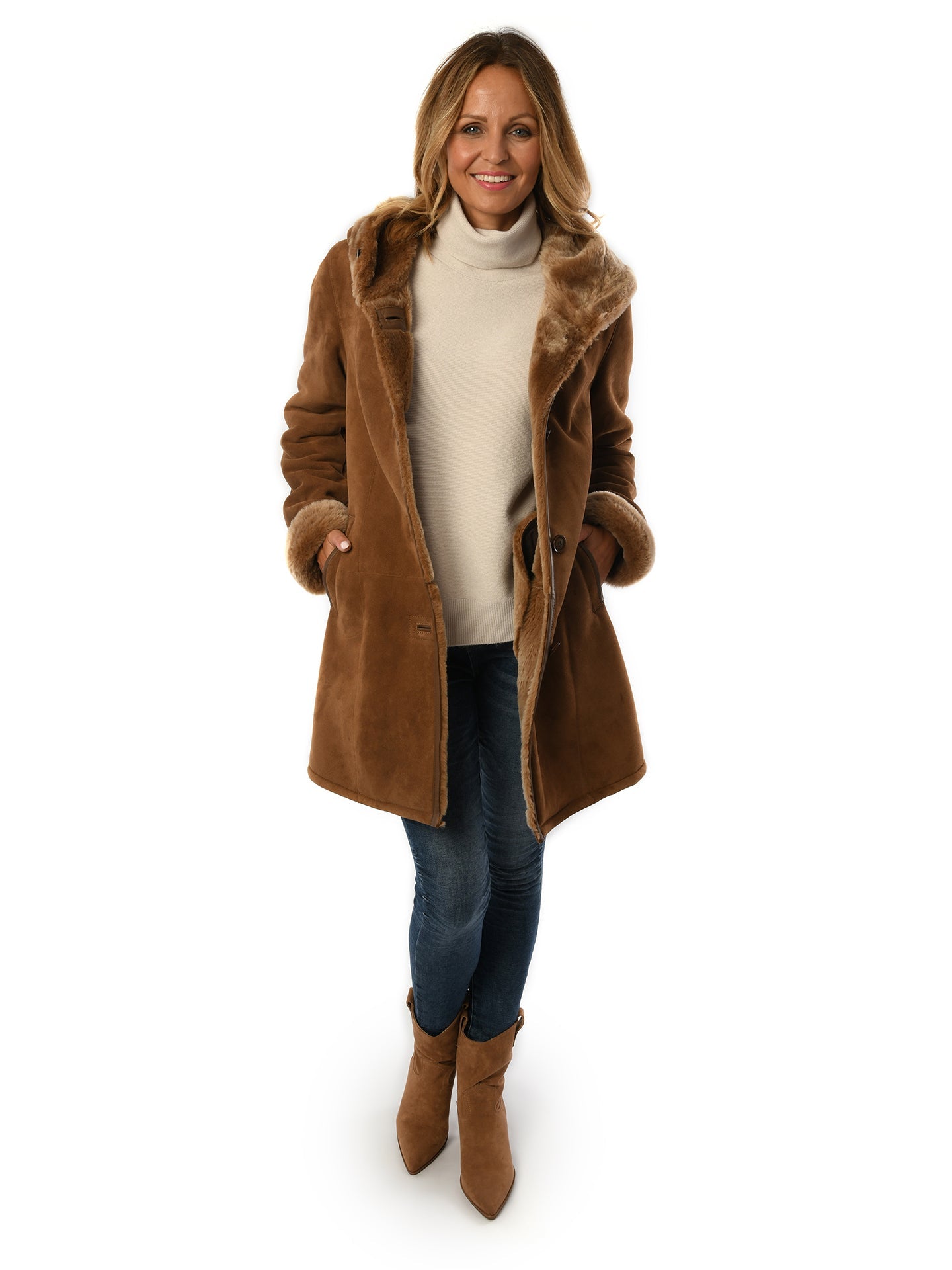 Ladies Merino Caramel Sheepskin Hooded Coat - Greenwich for sale - Woodcock and Cavendish