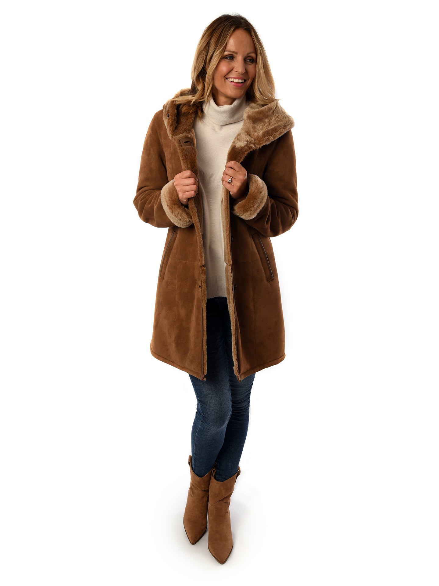 Ladies Merino Caramel Sheepskin Hooded Coat - Greenwich for sale - Woodcock and Cavendish