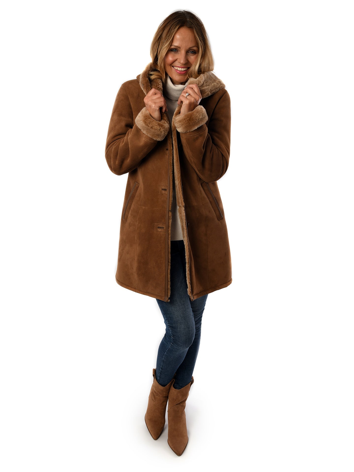 Ladies Merino Caramel Sheepskin Hooded Coat - Greenwich for sale - Woodcock and Cavendish