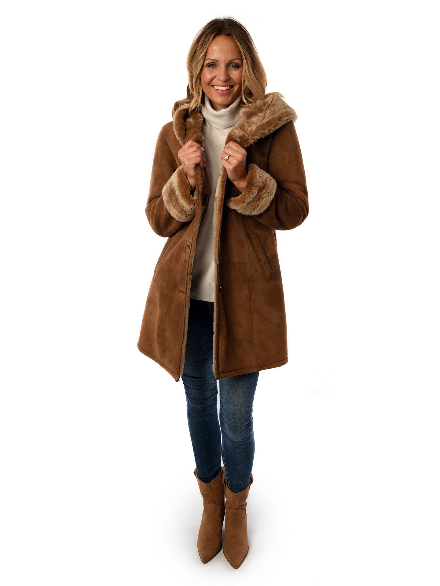 Ladies Merino Caramel Sheepskin Hooded Coat - Greenwich for sale - Woodcock and Cavendish