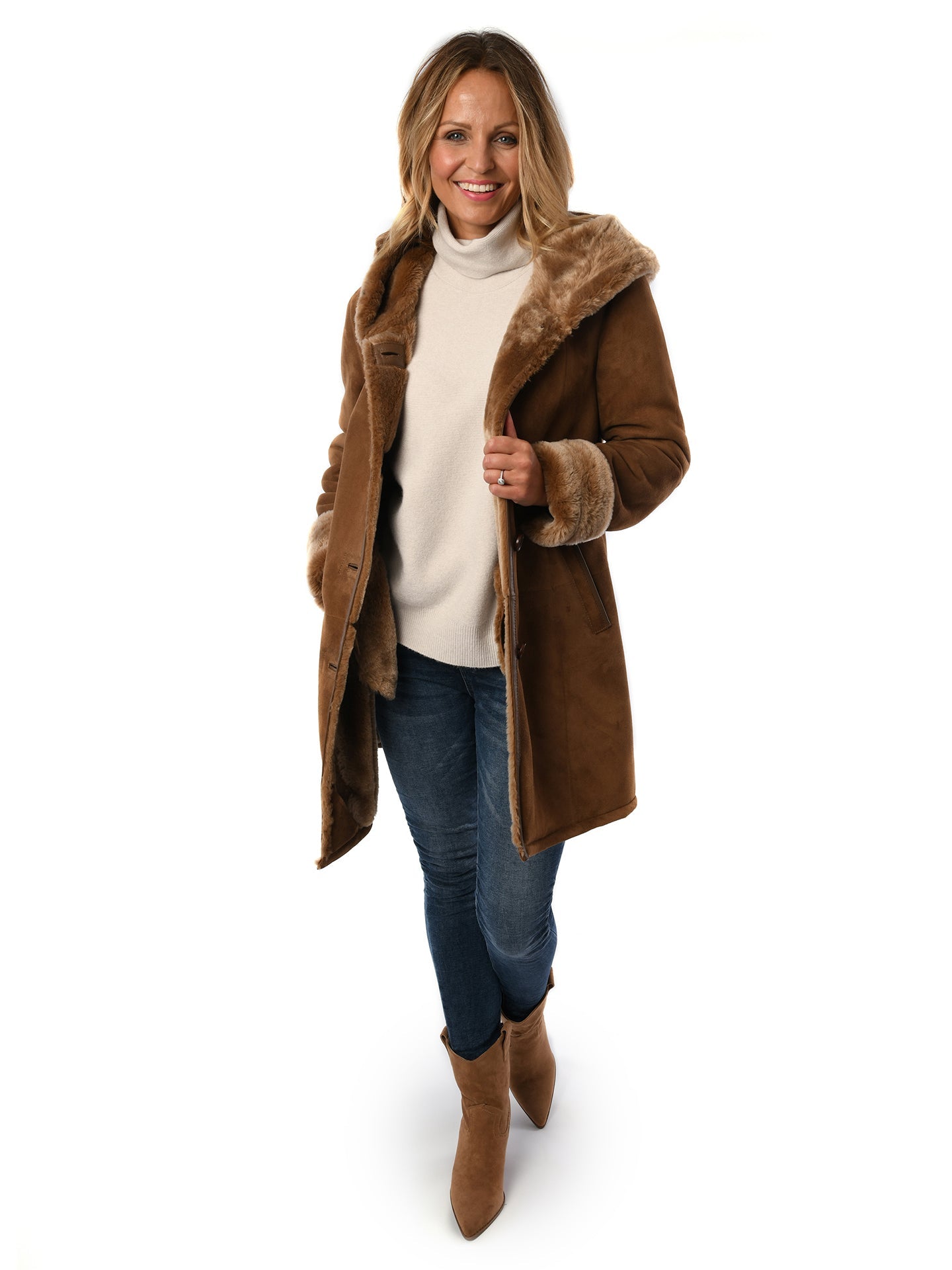 Ladies Merino Caramel Sheepskin Hooded Coat - Greenwich for sale - Woodcock and Cavendish