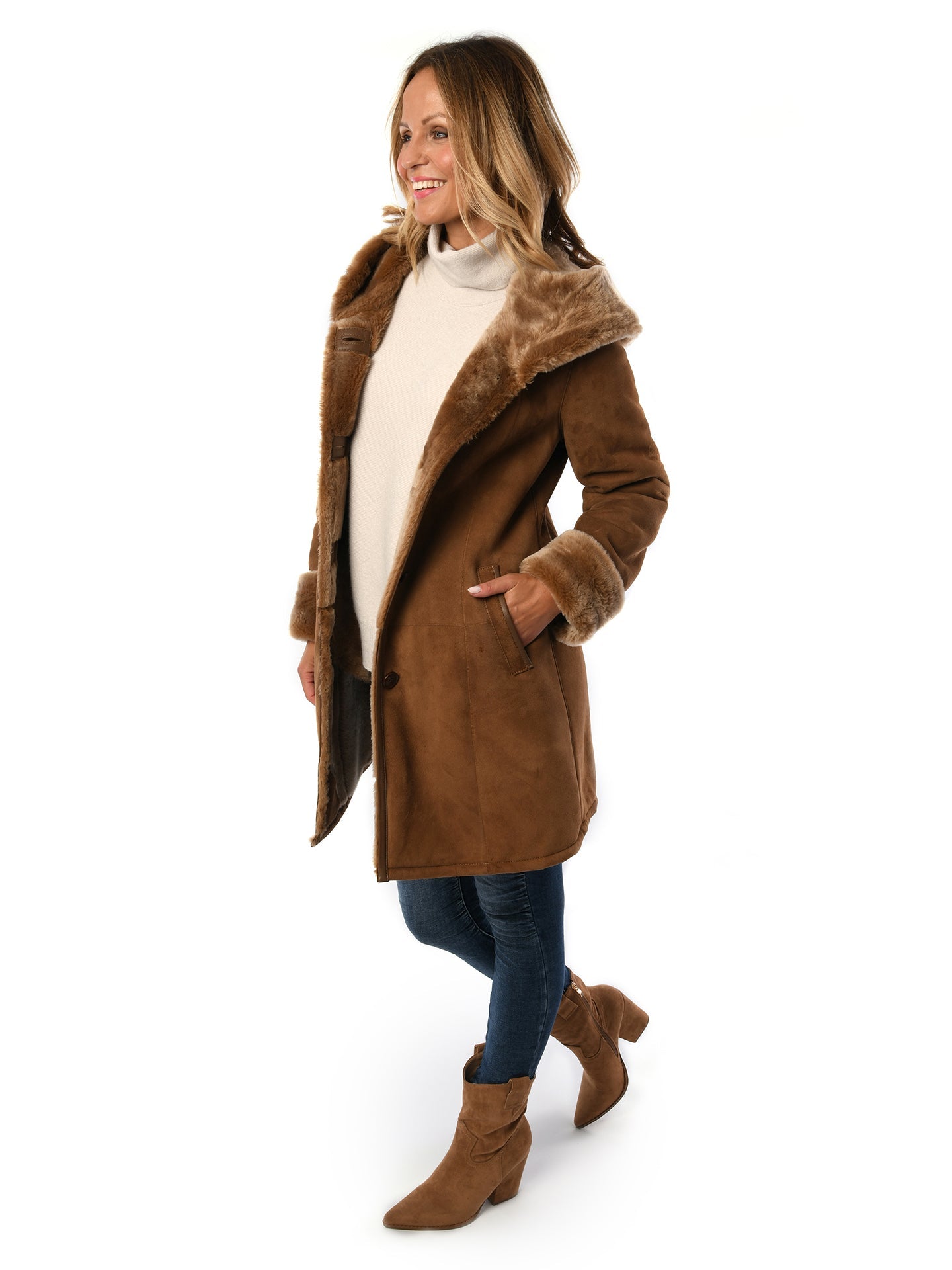 Ladies Merino Caramel Sheepskin Hooded Coat - Greenwich for sale - Woodcock and Cavendish