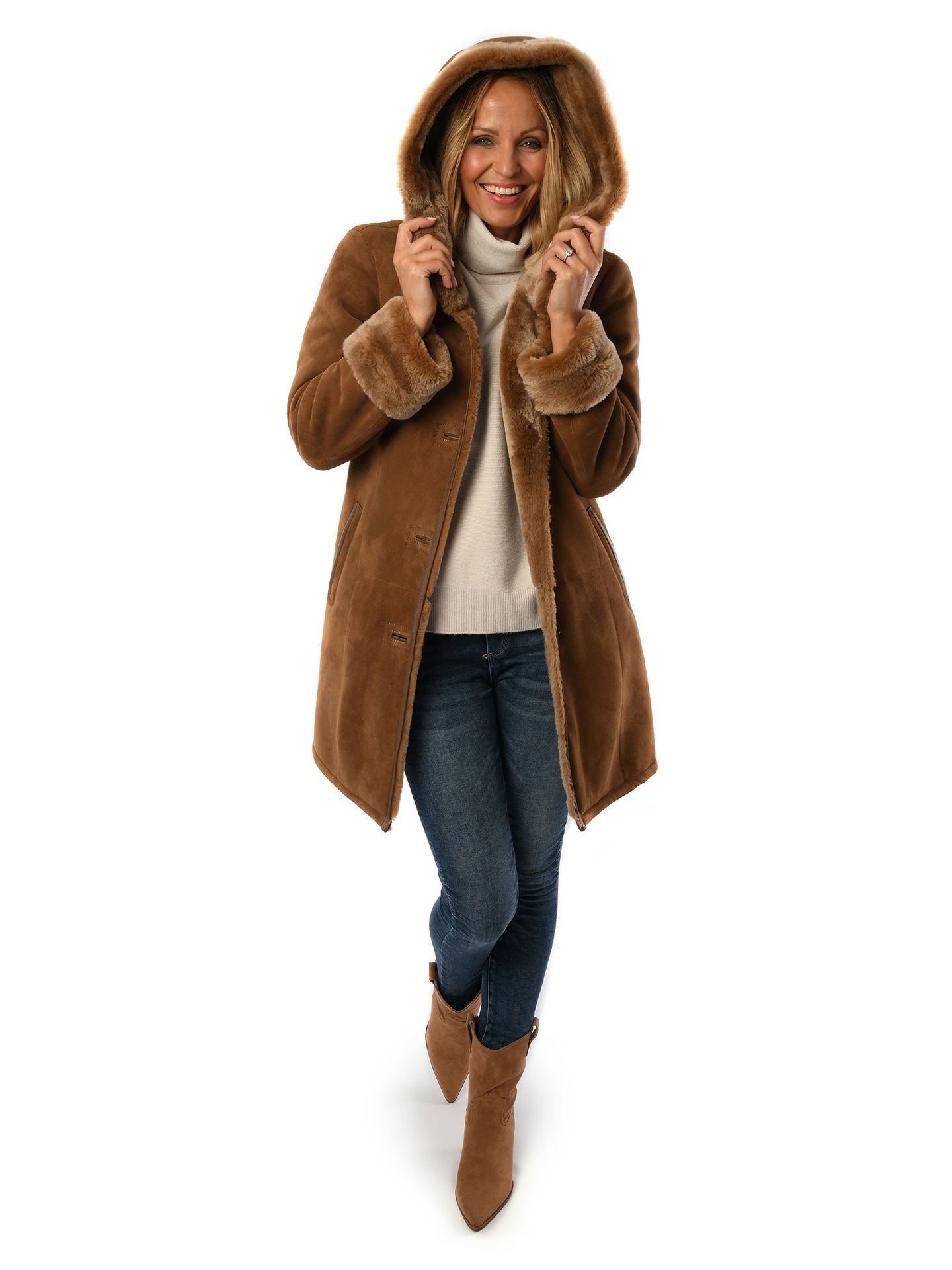 Ladies Merino Caramel Sheepskin Hooded Coat - Greenwich for sale - Woodcock and Cavendish