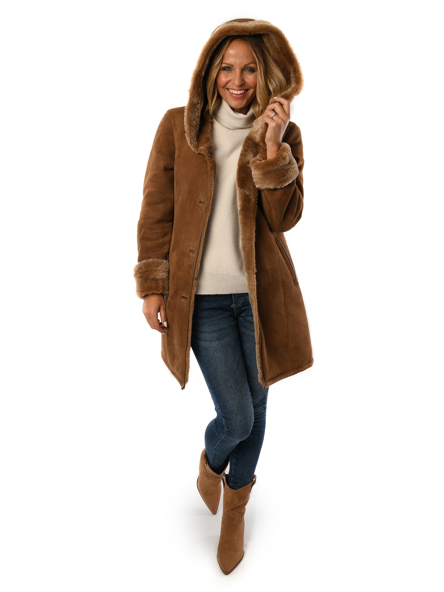 Ladies Merino Caramel Sheepskin Hooded Coat - Greenwich for sale - Woodcock and Cavendish