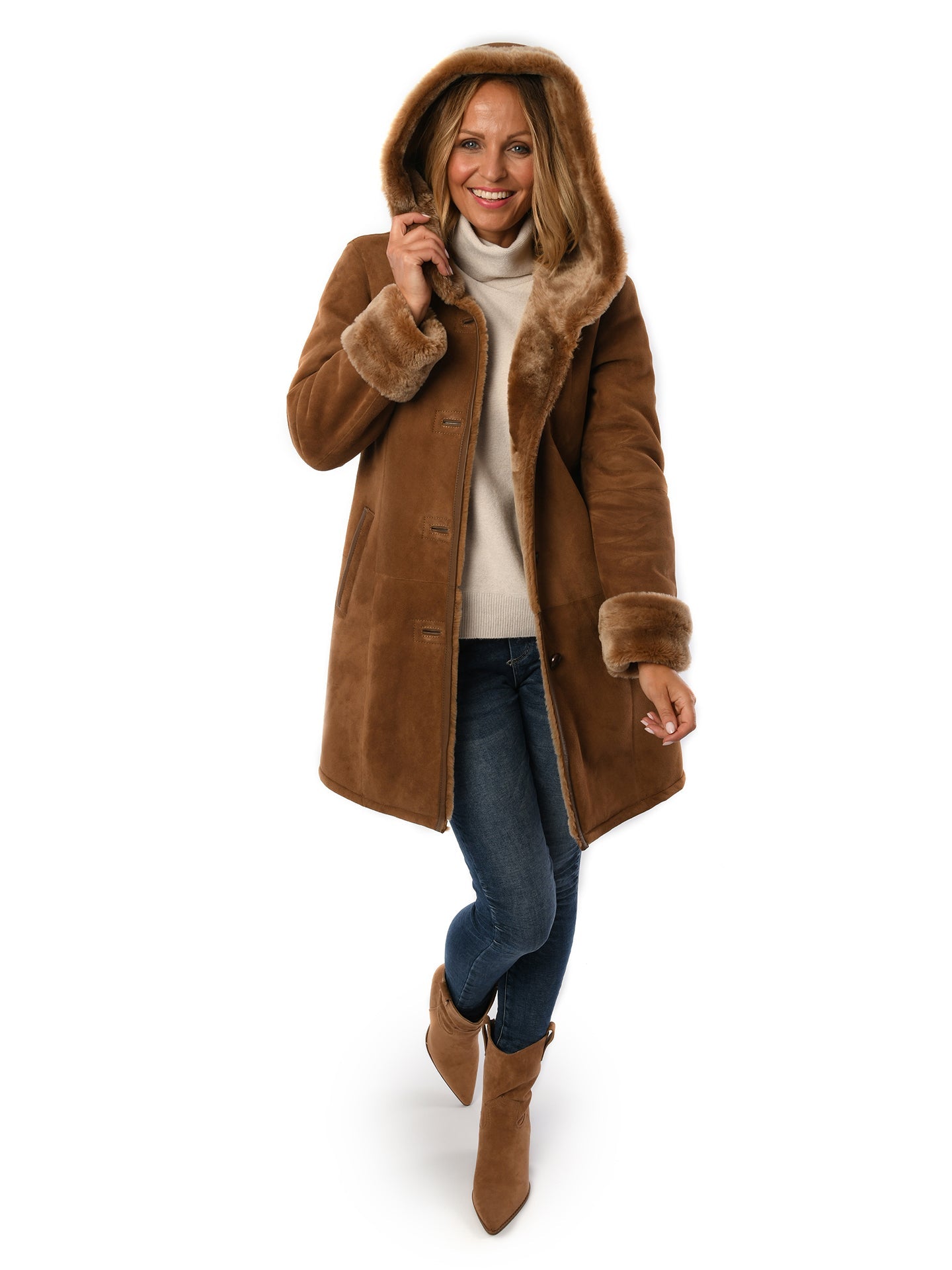 Ladies Merino Caramel Sheepskin Hooded Coat - Greenwich for sale - Woodcock and Cavendish