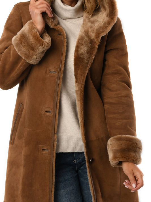 Ladies Merino Caramel Sheepskin Hooded Coat - Greenwich for sale - Woodcock and Cavendish