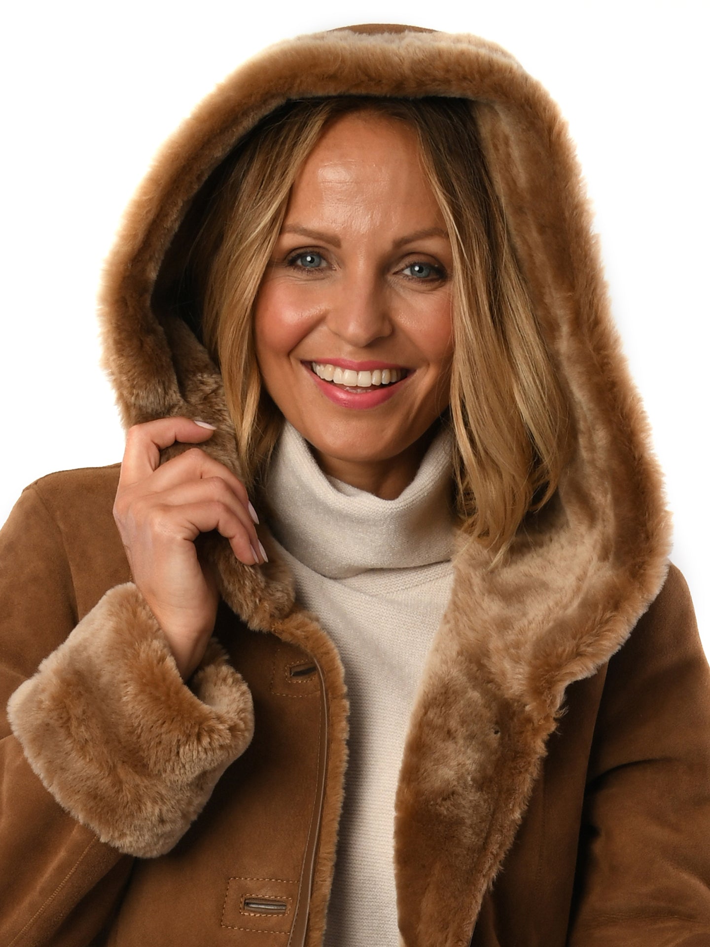 Ladies Merino Caramel Sheepskin Hooded Coat - Greenwich for sale - Woodcock and Cavendish