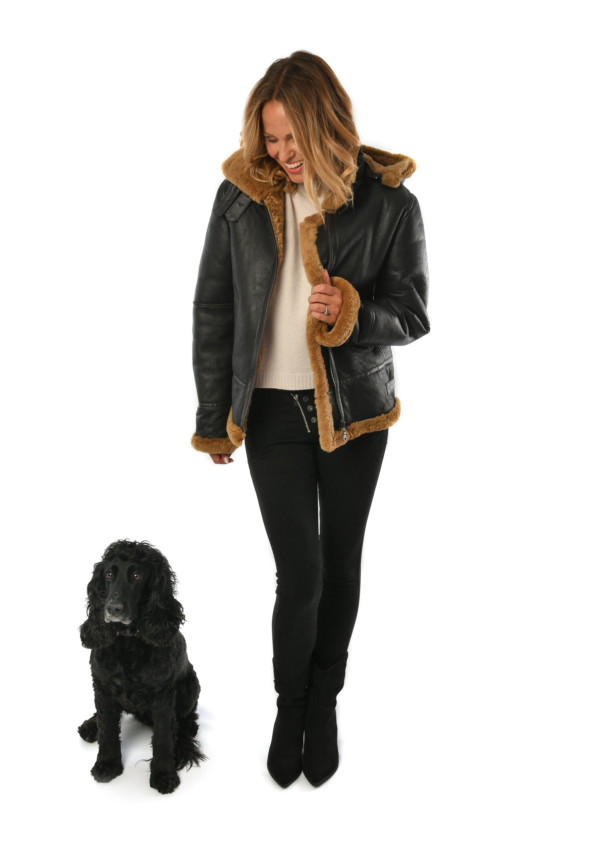 Brown Hooded Sheepskin Ladies Flying Leather Jacket for sale - Woodcock and Cavendish