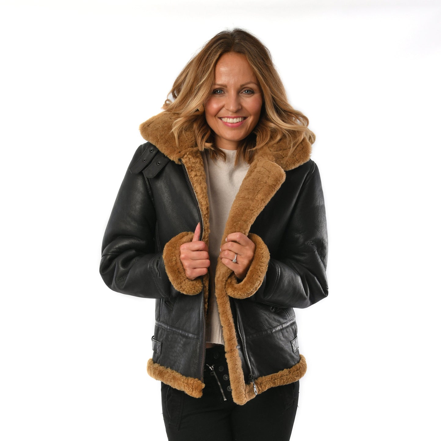 Brown Hooded Sheepskin Ladies Flying Leather Jacket for sale - Woodcock and Cavendish