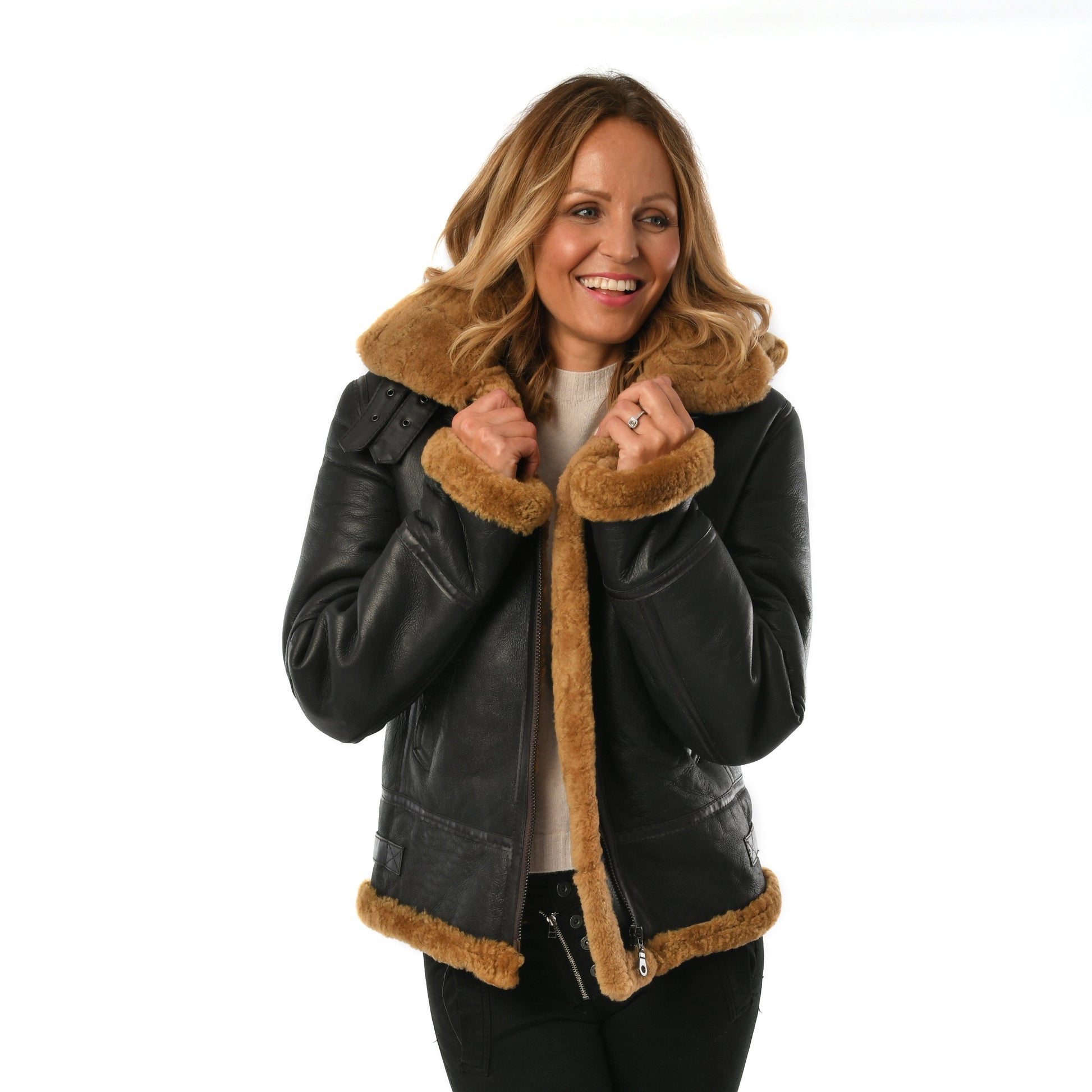 Brown Hooded Sheepskin Ladies Flying Leather Jacket for sale - Woodcock and Cavendish