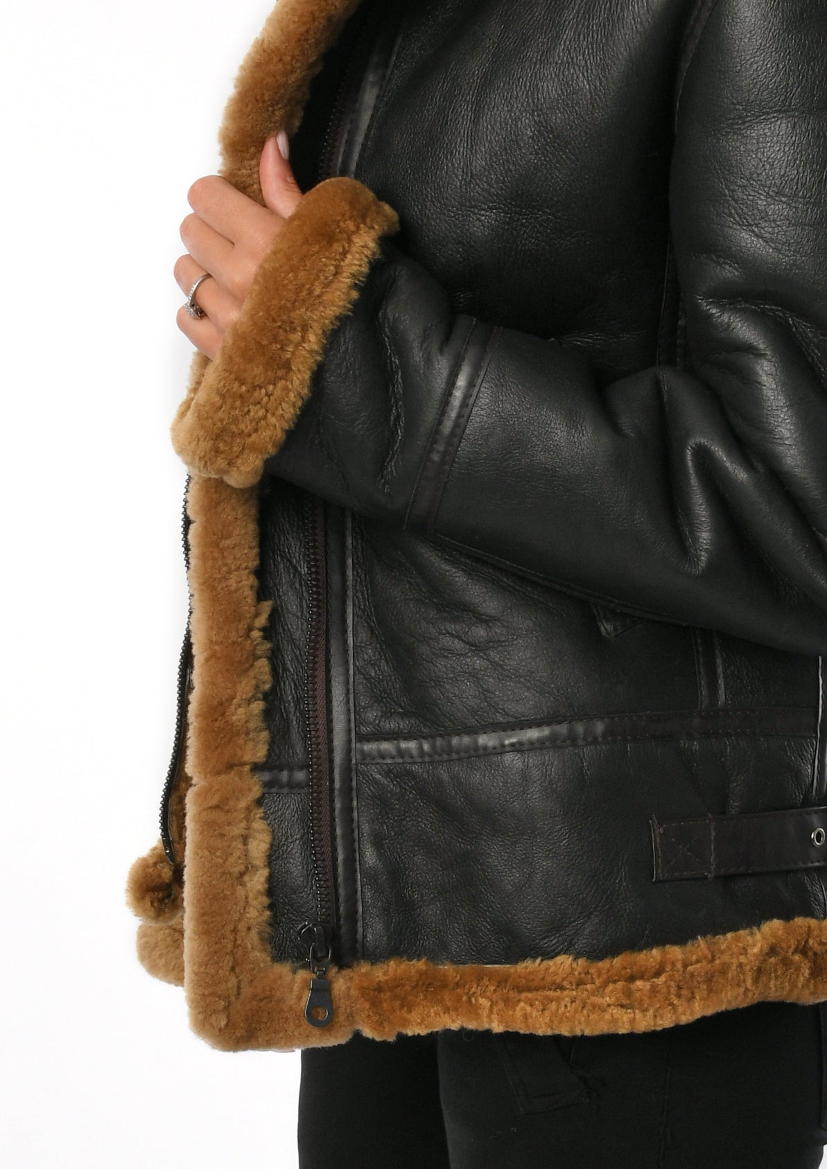 Brown Hooded Sheepskin Ladies Flying Leather Jacket for sale - Woodcock and Cavendish