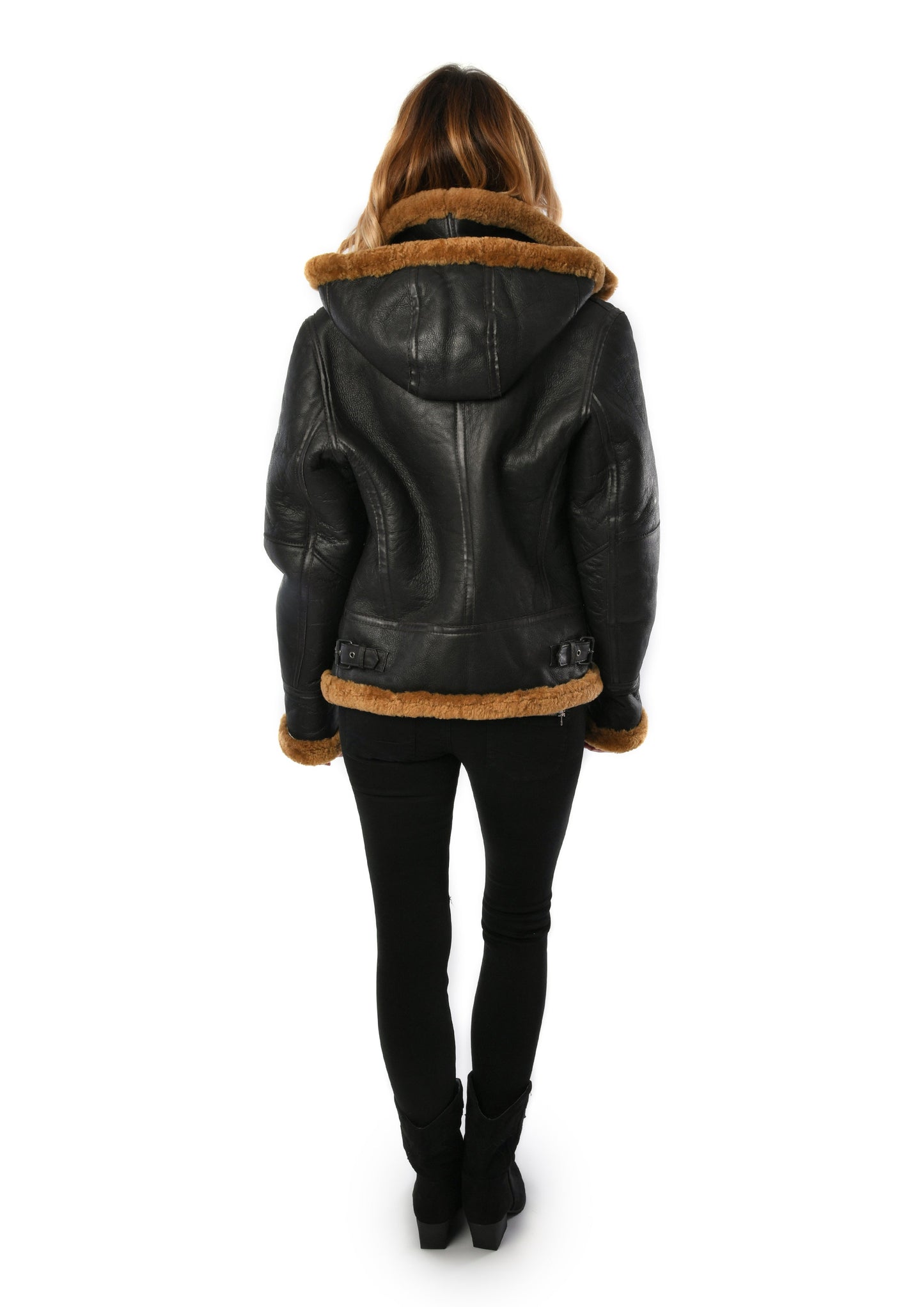 Brown Hooded Sheepskin Ladies Flying Leather Jacket for sale - Woodcock and Cavendish