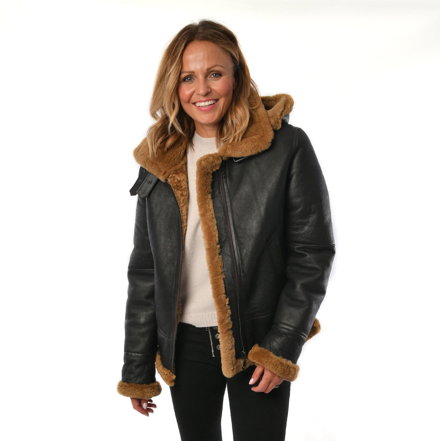 Brown Hooded Sheepskin Ladies Flying Leather Jacket for sale - Woodcock and Cavendish