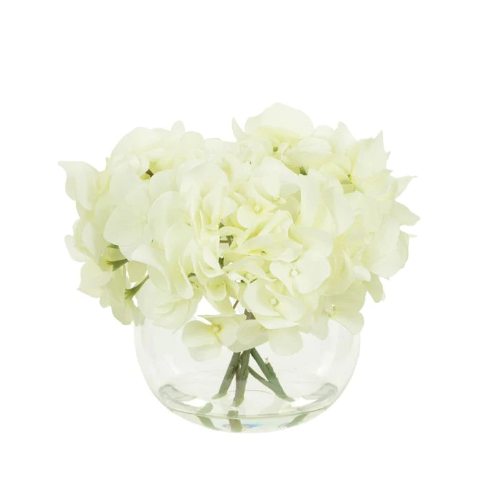 White Hydrangeas In Globe Vase for sale - Woodcock and Cavendish