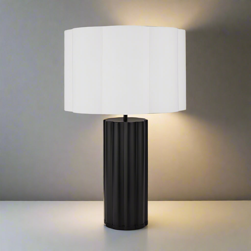 Petula Black Metal Scallop Table Lamp – 45cm White Handloom Scalloped Shade