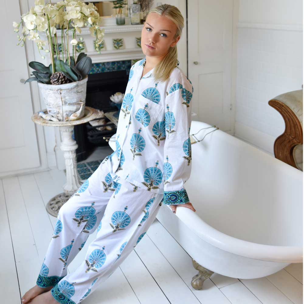 Aqua Shell Long Sleeve Pyjamas for sale - Woodcock and Cavendish
