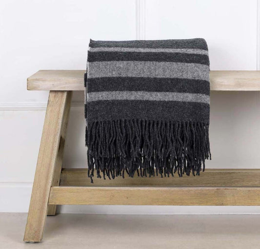Pure Wool Stripe Throw - Dark Grey & Off White for sale - Woodcock and Cavendish