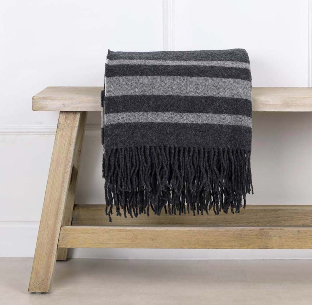 Pure Wool Stripe Throw - Dark Grey & Off White for sale - Woodcock and Cavendish