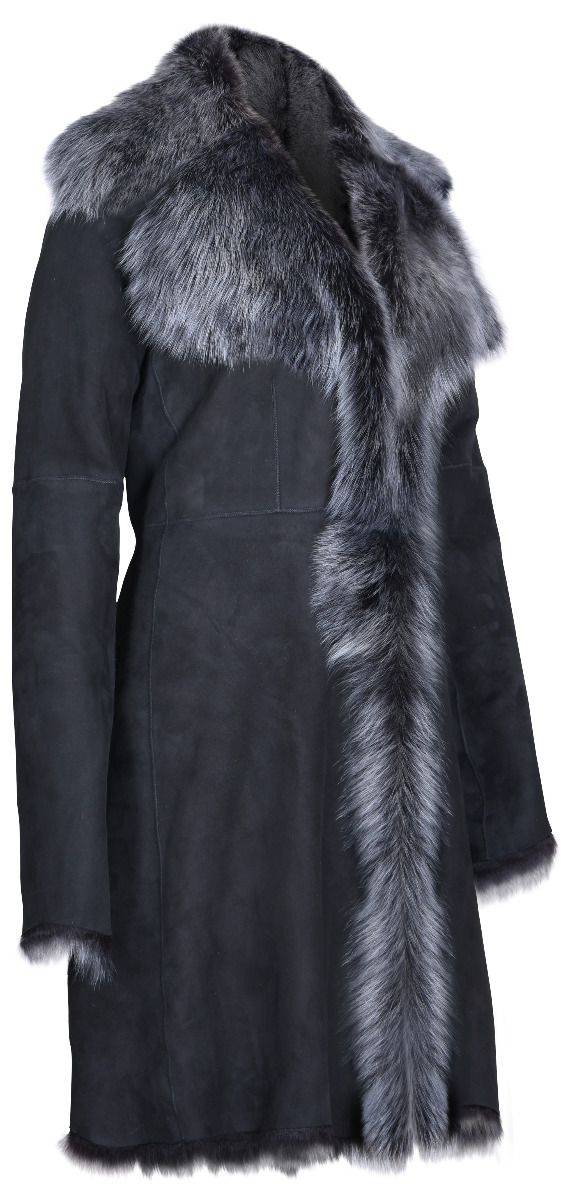 Black with Grey Ladies Women's Toscana Sheepskin Suede Coat for sale - Woodcock and Cavendish