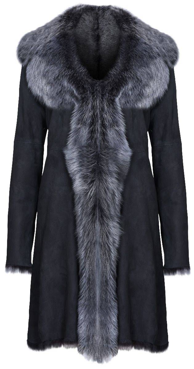 Black with Grey Ladies Women's Toscana Sheepskin Suede Coat for sale - Woodcock and Cavendish