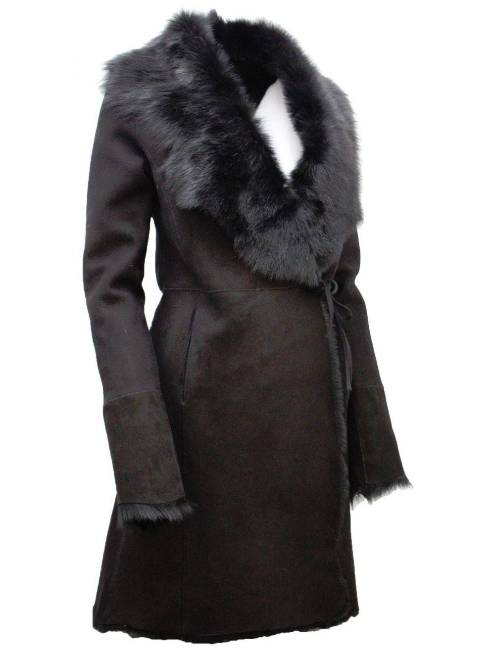 Black Wrap Toscana & Merino Sheepskin Leather Coat for sale - Woodcock and Cavendish