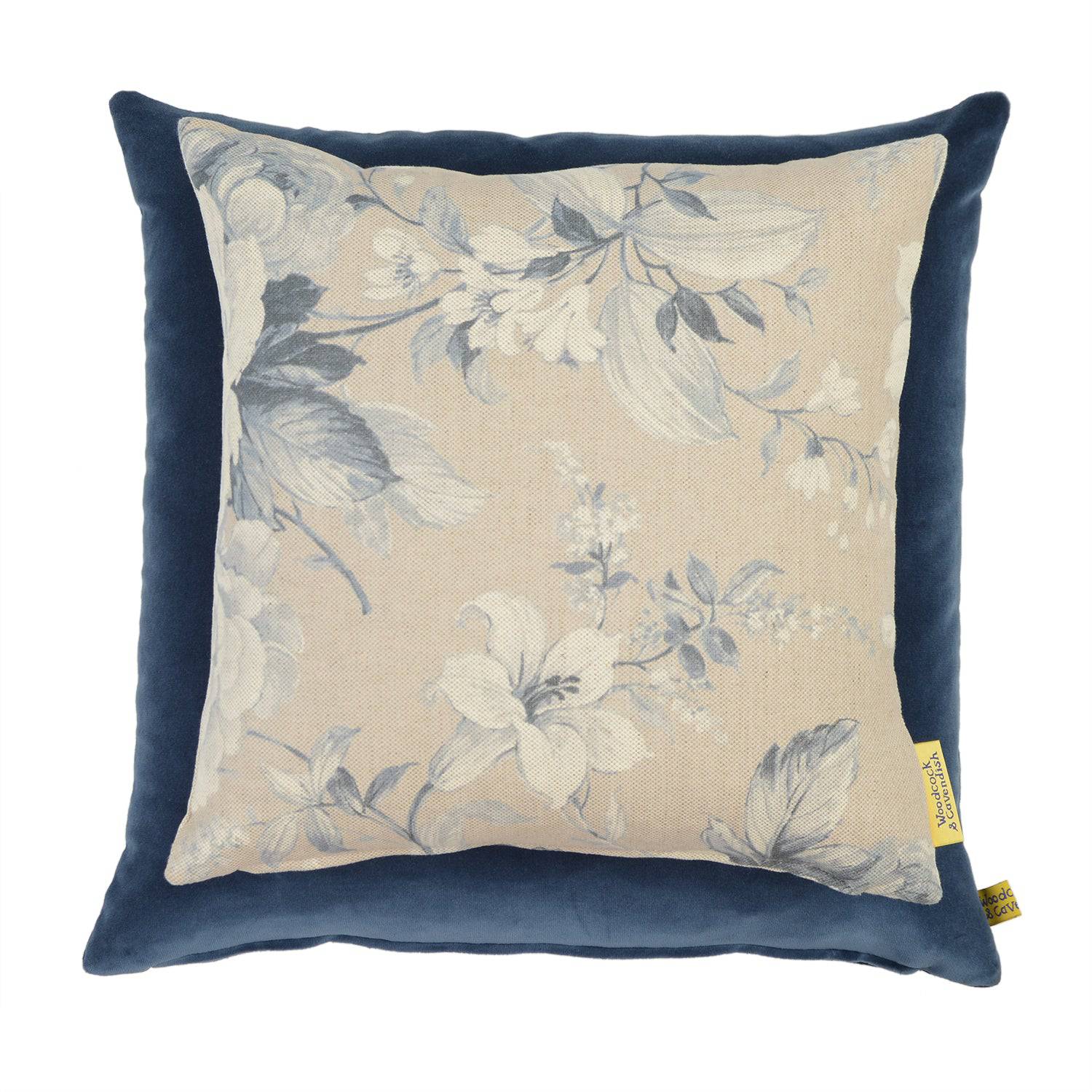 Blue Floral Linen Cushion by Woodcock & Cavendish for sale - Woodcock and Cavendish