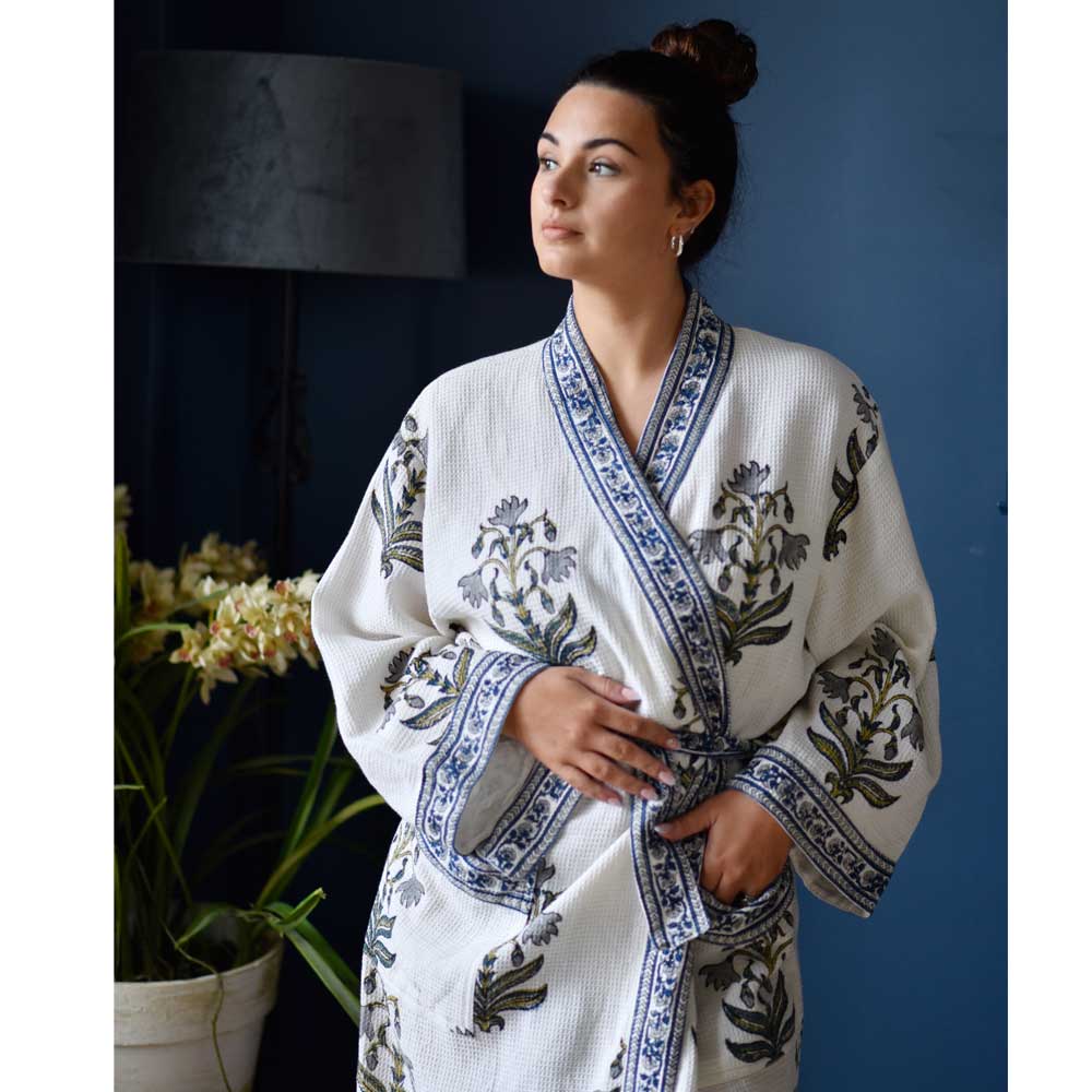 Blue Flower Waffle Dressing Gown for sale - Woodcock and Cavendish