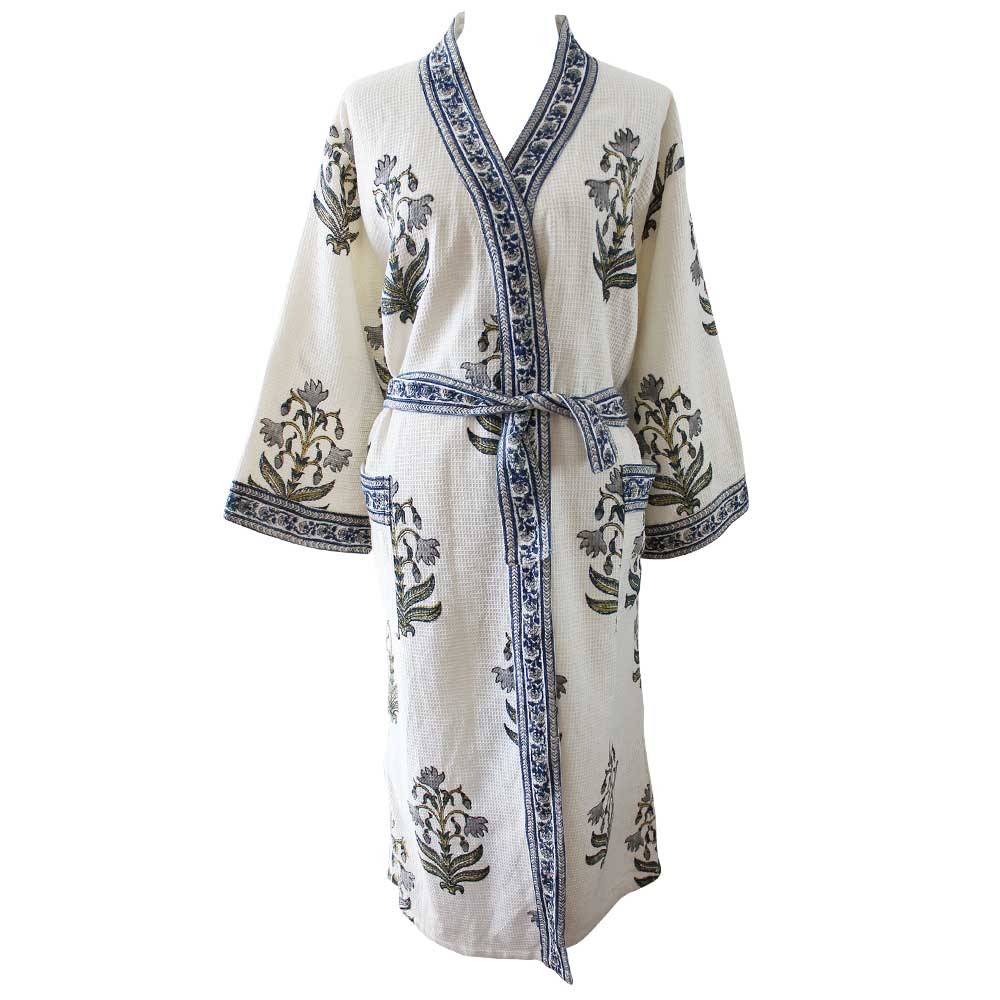 Blue Flower Waffle Dressing Gown for sale - Woodcock and Cavendish