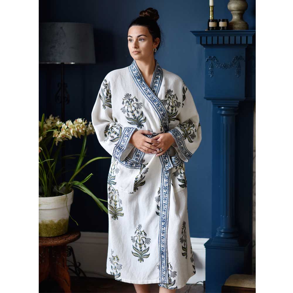 Blue Flower Waffle Dressing Gown for sale - Woodcock and Cavendish