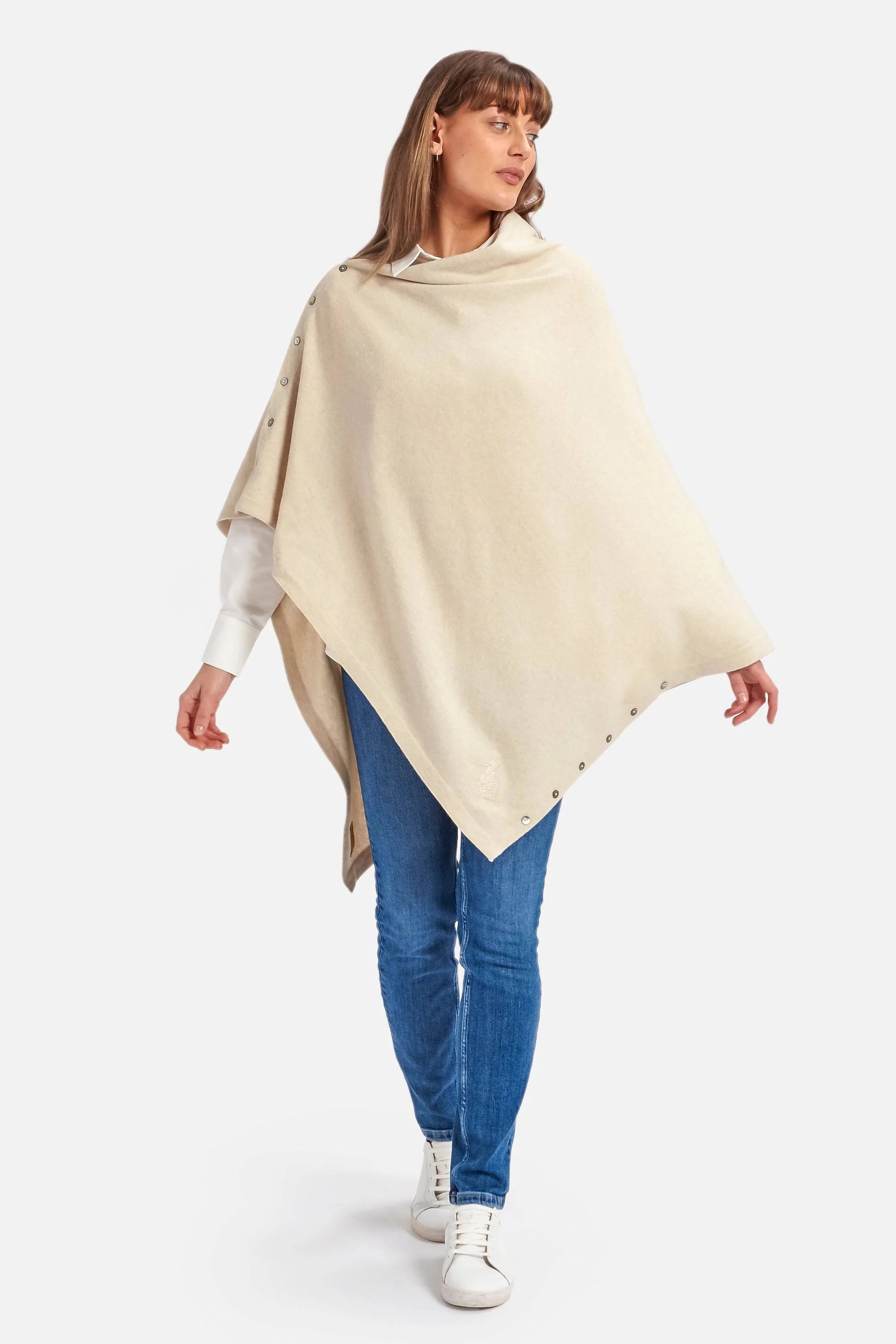 Cashmere Button Long Poncho in Natural by Woodcock & Cavendish for sale - Woodcock and Cavendish