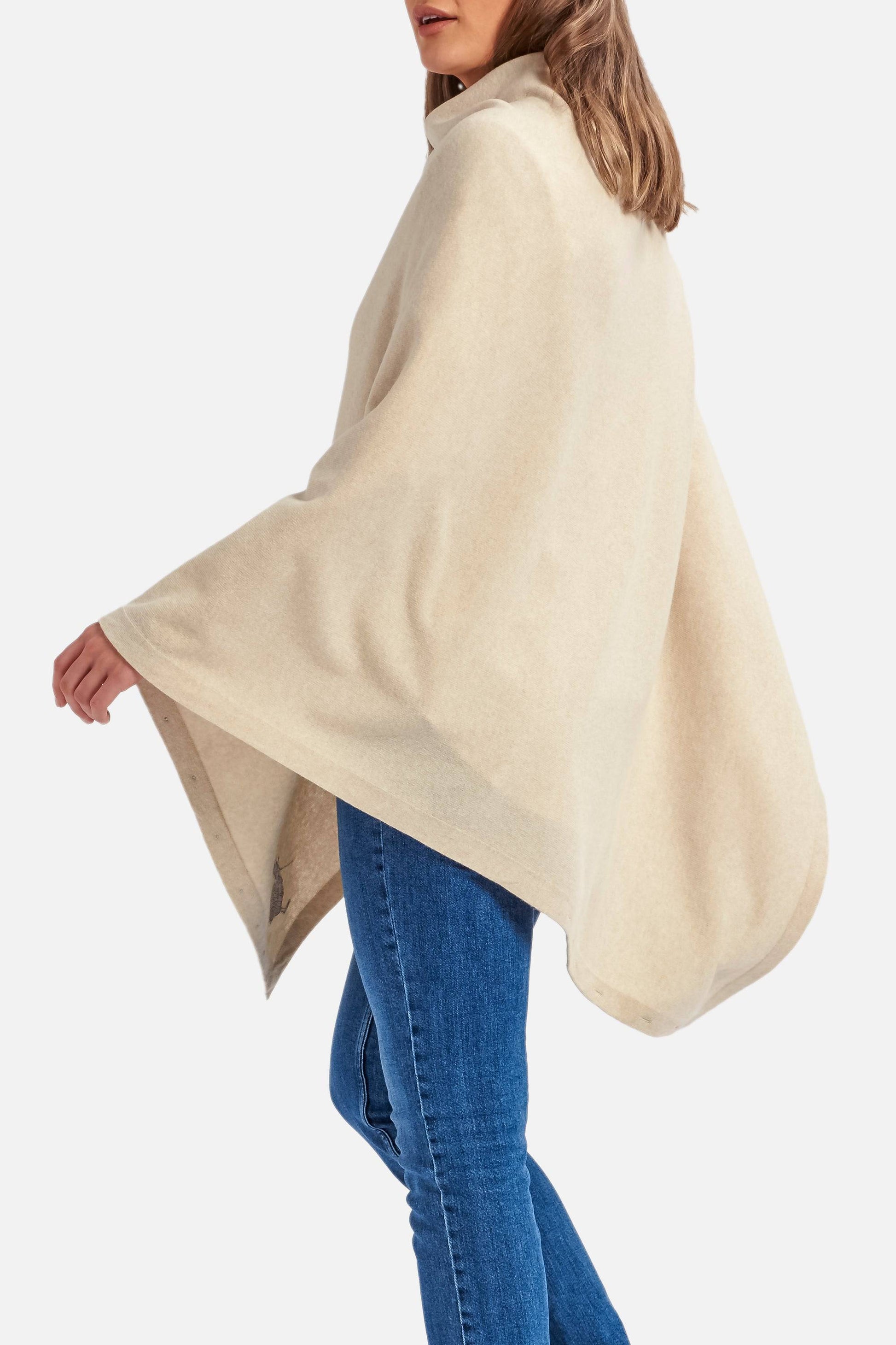Cashmere Button Long Poncho in Natural by Woodcock & Cavendish for sale - Woodcock and Cavendish