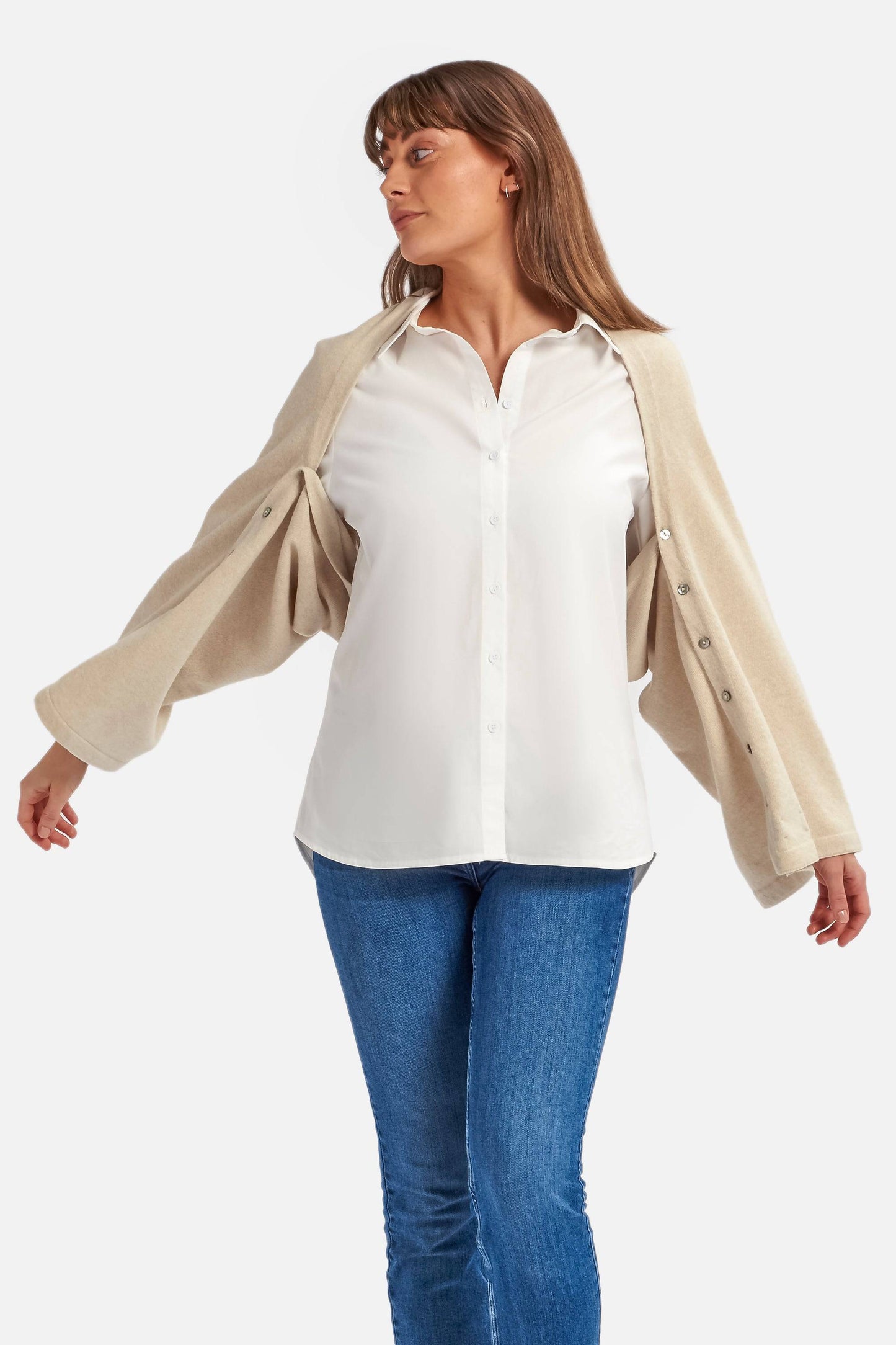 Cashmere Button Long Poncho in Natural by Woodcock & Cavendish for sale - Woodcock and Cavendish