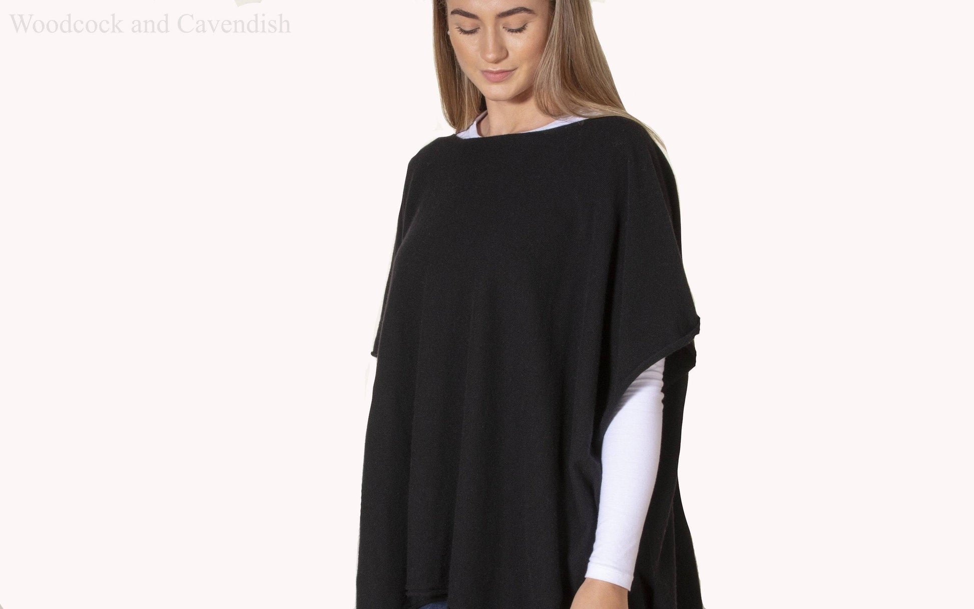 Cashmere & Merino Wool Boat Neck Poncho in Black By Woodcock & Cavendish for sale - Woodcock and Cavendish