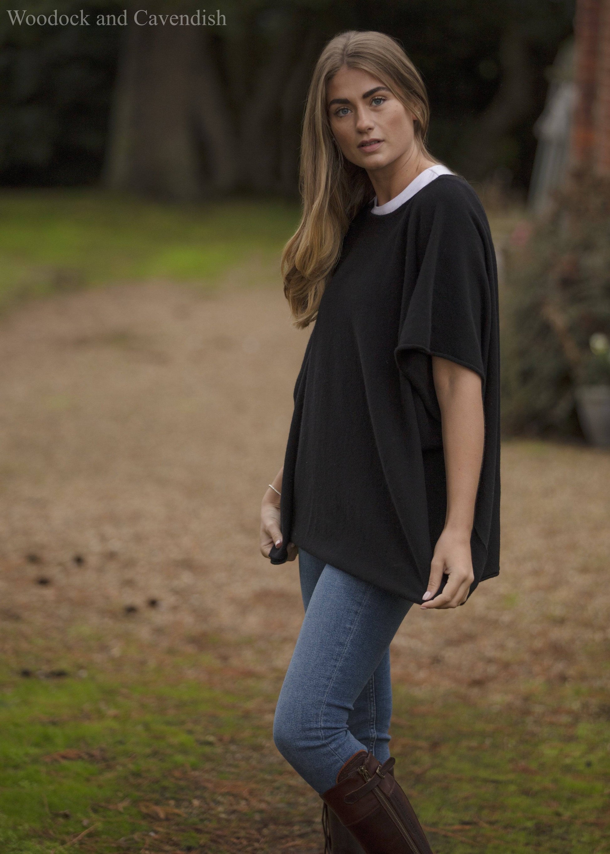 Cashmere & Merino Wool Boat Neck Poncho in Black By Woodcock & Cavendish for sale - Woodcock and Cavendish