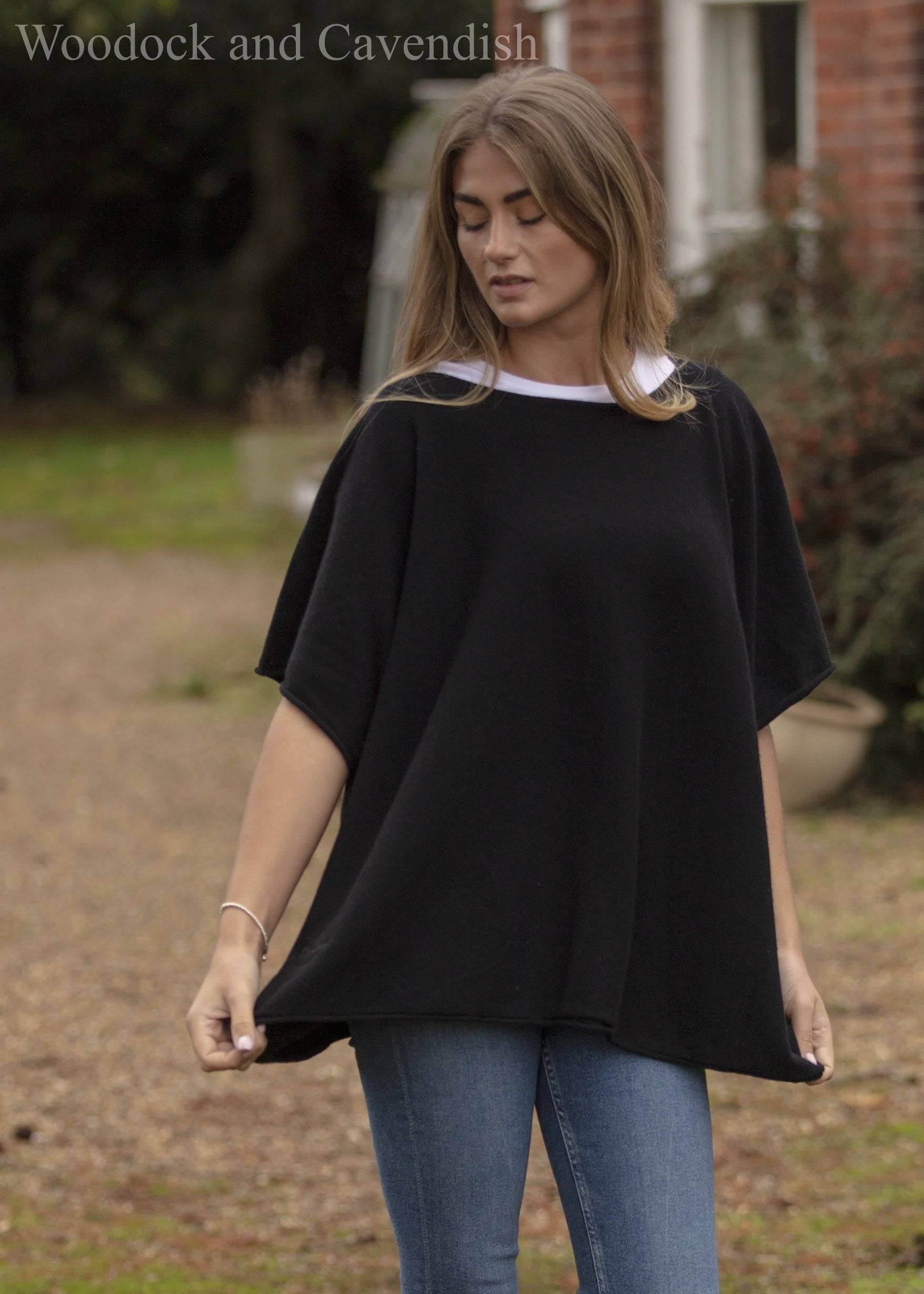 Cashmere & Merino Wool Boat Neck Poncho in Black By Woodcock & Cavendish for sale - Woodcock and Cavendish