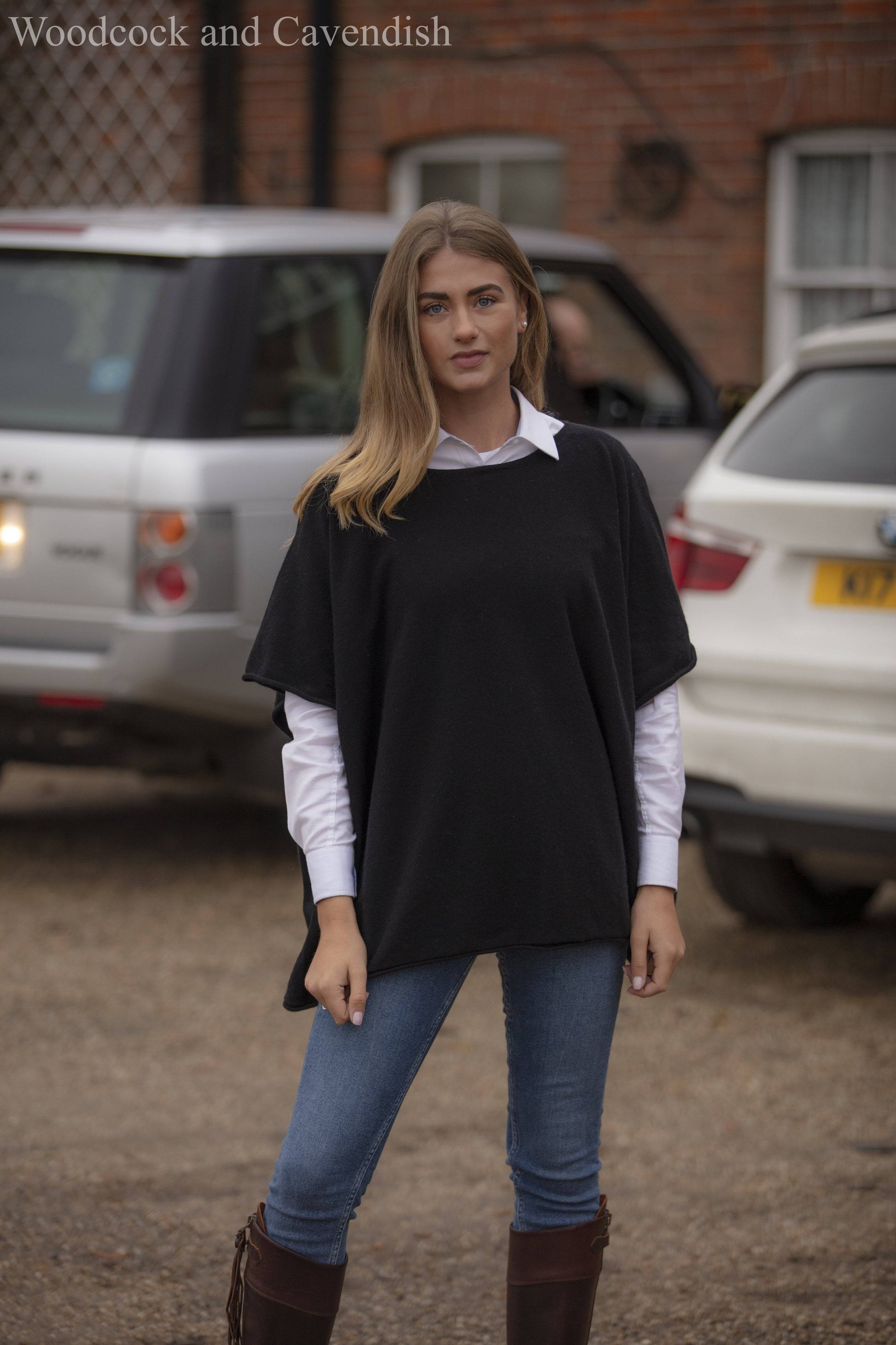 Cashmere & Merino Wool Boat Neck Poncho in Black By Woodcock & Cavendish for sale - Woodcock and Cavendish