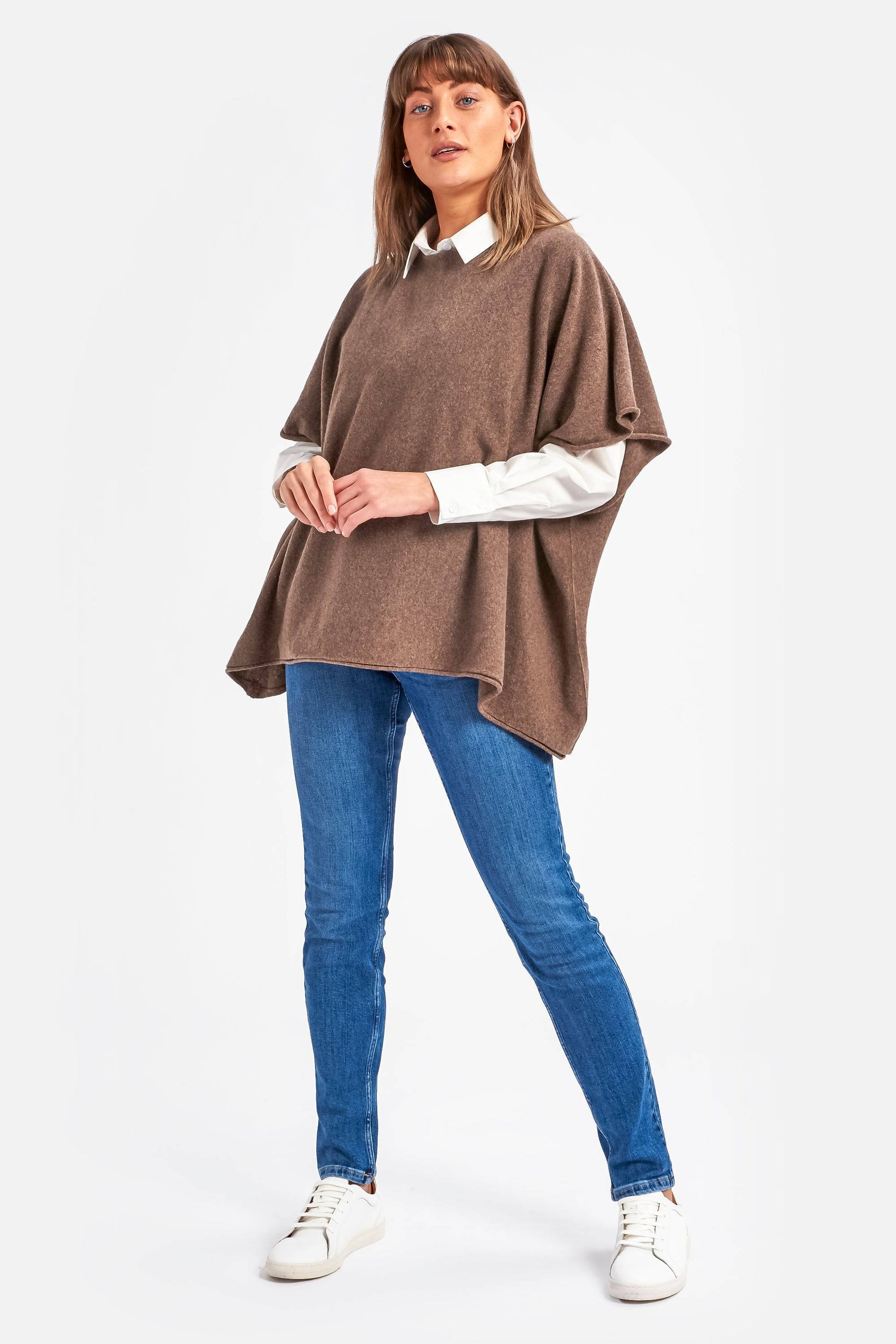 Cashmere & Merino Wool Boat Neck Poncho in Brown By Woodcock & Cavendish for sale - Woodcock and Cavendish
