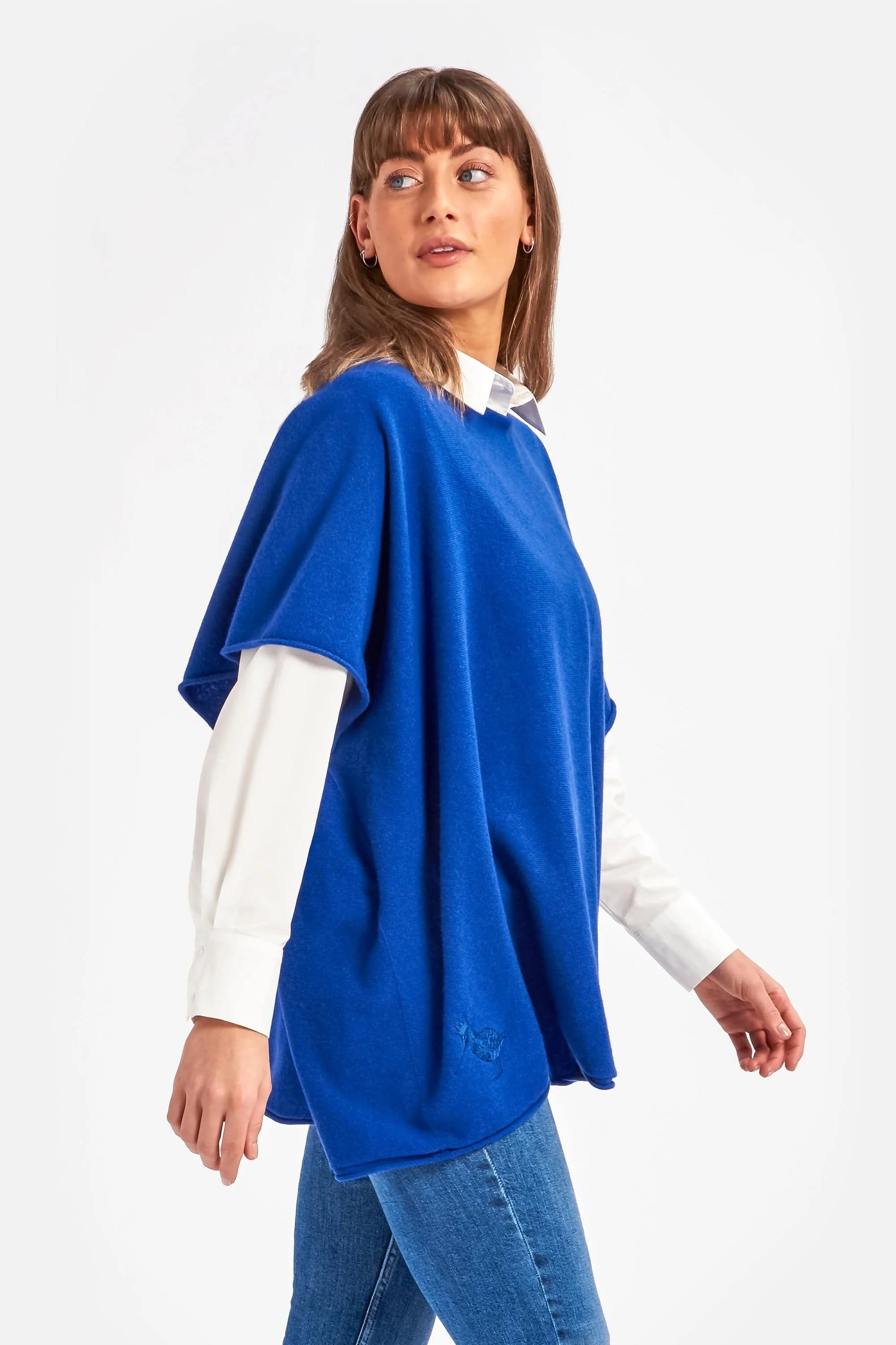 Cashmere & Merino Wool Boat Neck Poncho in Cobalt Blue By Woodcock & Cavendish for sale - Woodcock and Cavendish