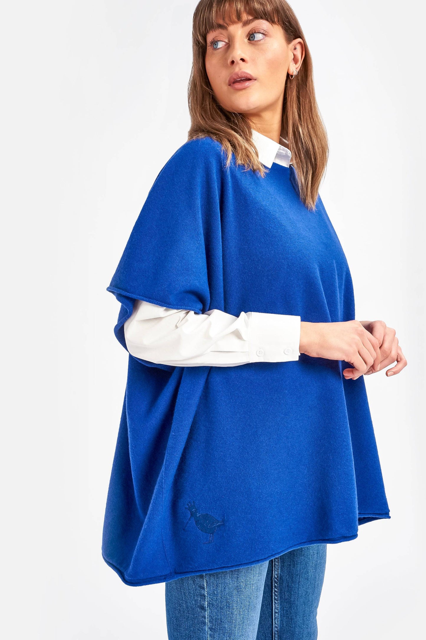 Cashmere & Merino Wool Boat Neck Poncho in Cobalt Blue By Woodcock & Cavendish for sale - Woodcock and Cavendish