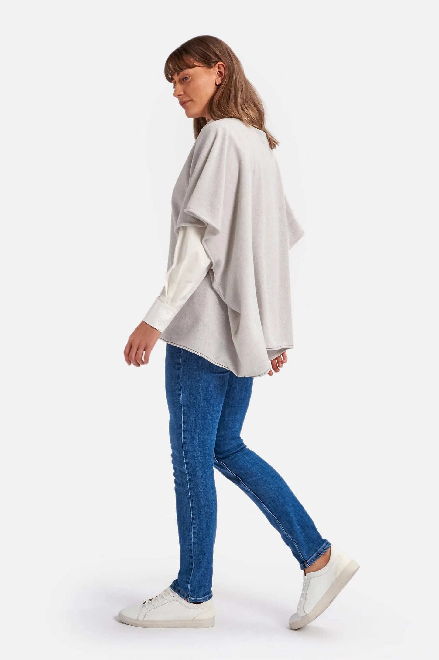 Cashmere & Merino Wool Boat Neck Poncho in Grey Marl By Woodcock & Cavendish for sale - Woodcock and Cavendish