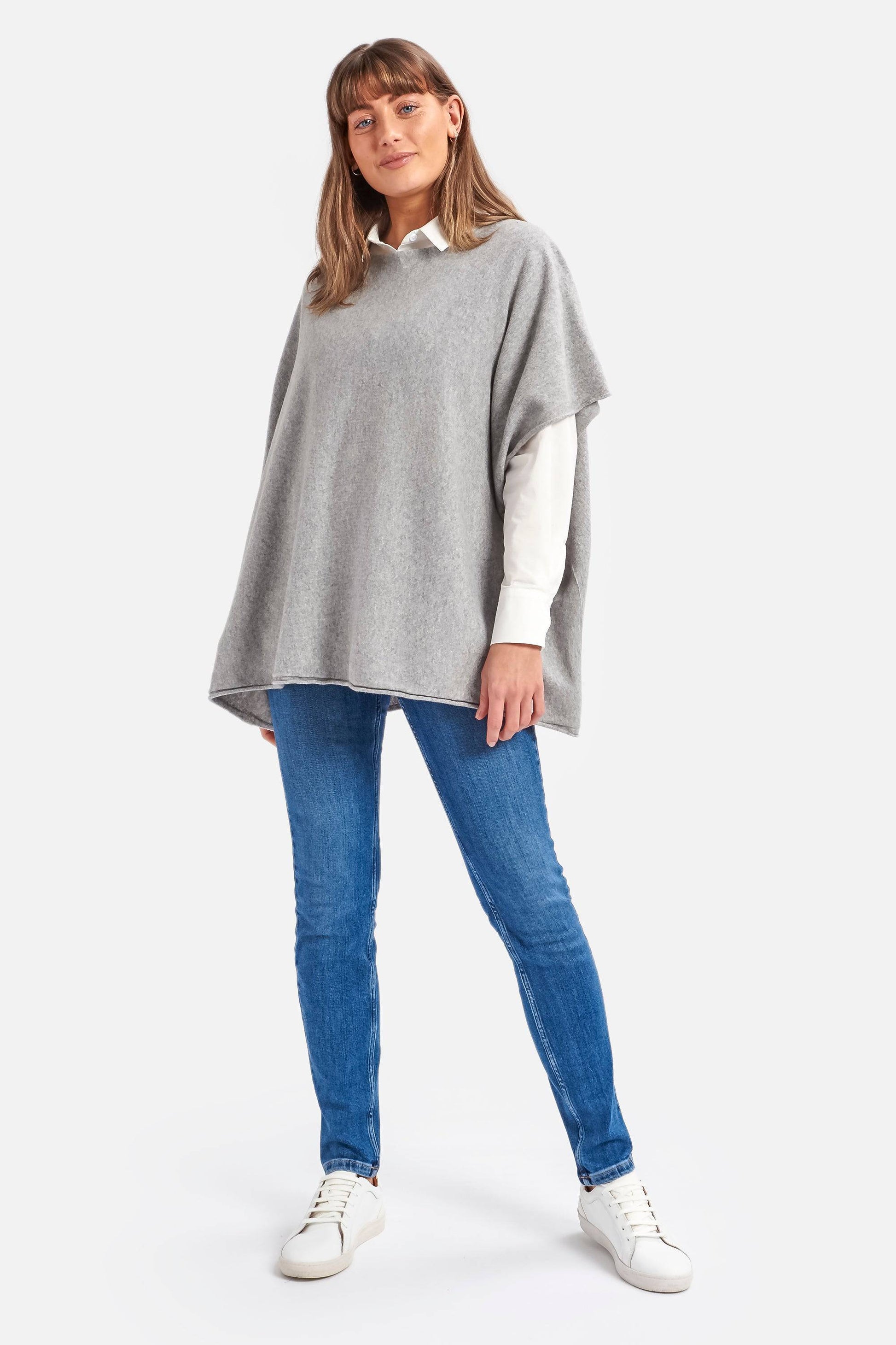 Cashmere & Merino Wool Boat Neck Poncho in Mid Grey By Woodcock & Cavendish for sale - Woodcock and Cavendish