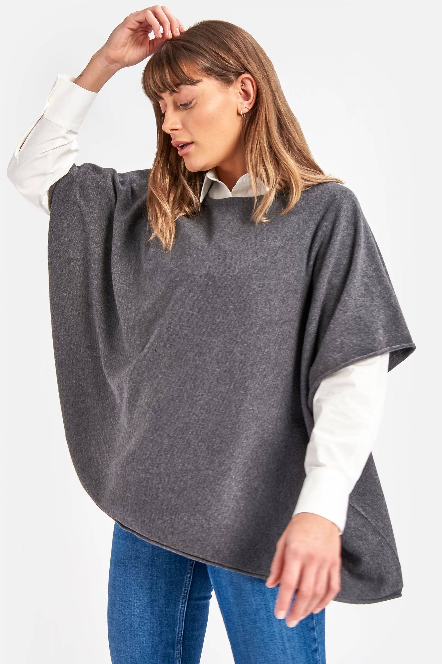 Cashmere & Merino Wool Boat Neck Poncho in Slate Grey By Woodcock & Cavendish for sale - Woodcock and Cavendish