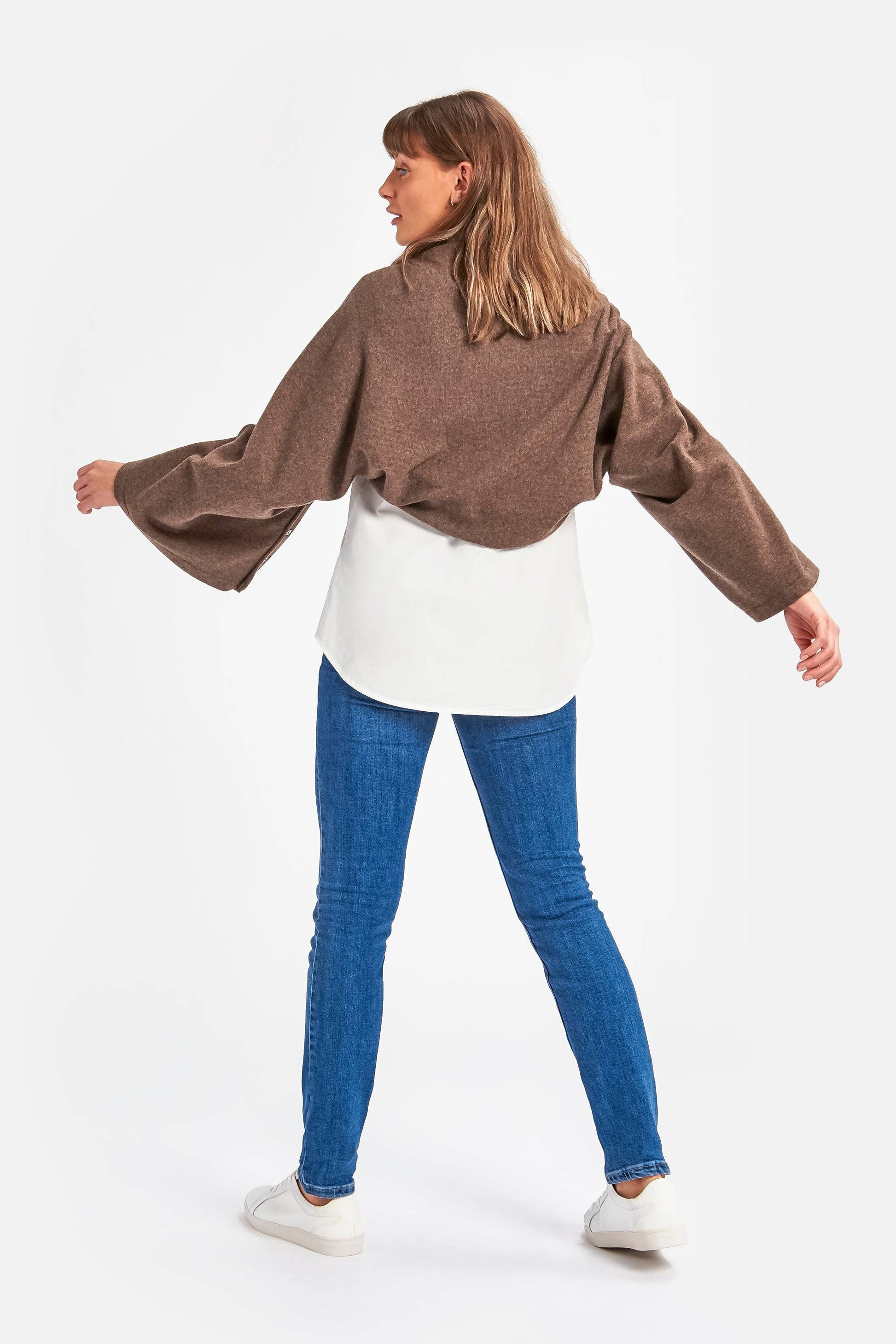 Cashmere & Merino Wool Long Length Button Poncho in Brown by Woodcock & Cavendish for sale - Woodcock and Cavendish