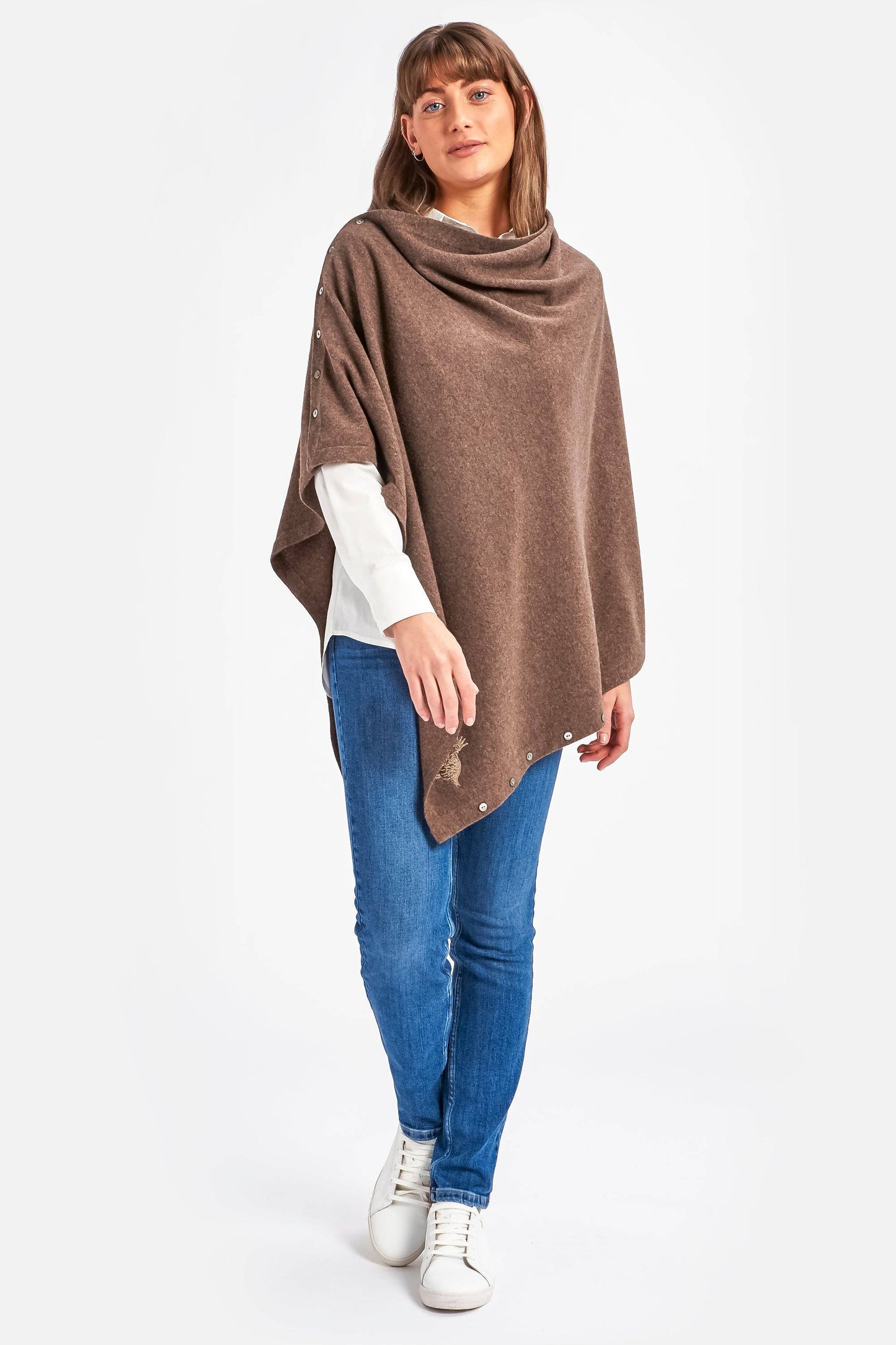 Cashmere & Merino Wool Long Length Button Poncho in Brown by Woodcock & Cavendish for sale - Woodcock and Cavendish