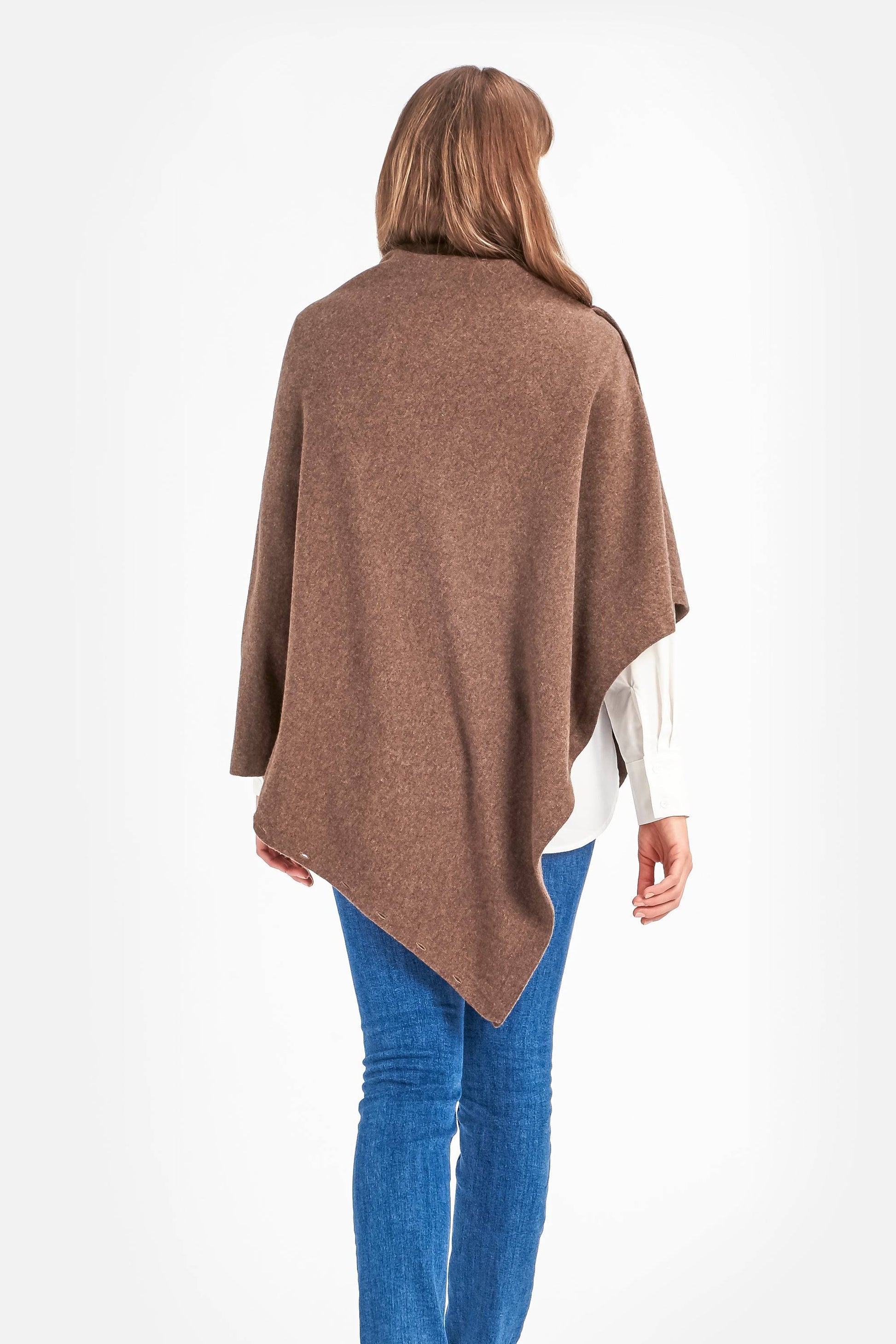 Cashmere & Merino Wool Long Length Button Poncho in Brown by Woodcock & Cavendish for sale - Woodcock and Cavendish