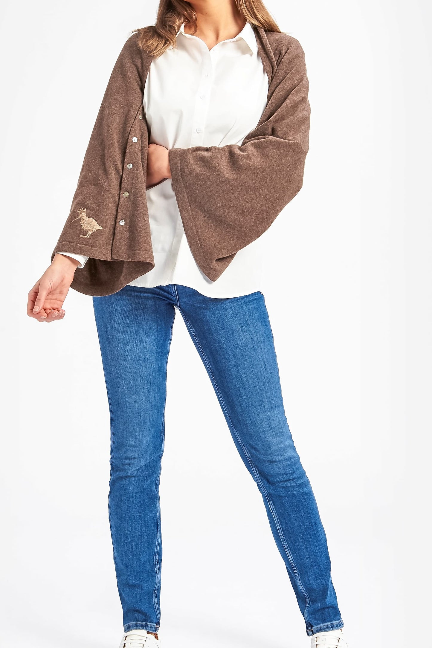 Cashmere & Merino Wool Long Length Button Poncho in Brown by Woodcock & Cavendish for sale - Woodcock and Cavendish