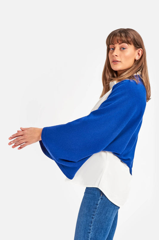 Cashmere & Merino Wool Long Length Button Poncho in Cobalt Blue by Woodcock & Cavendish for sale - Woodcock and Cavendish