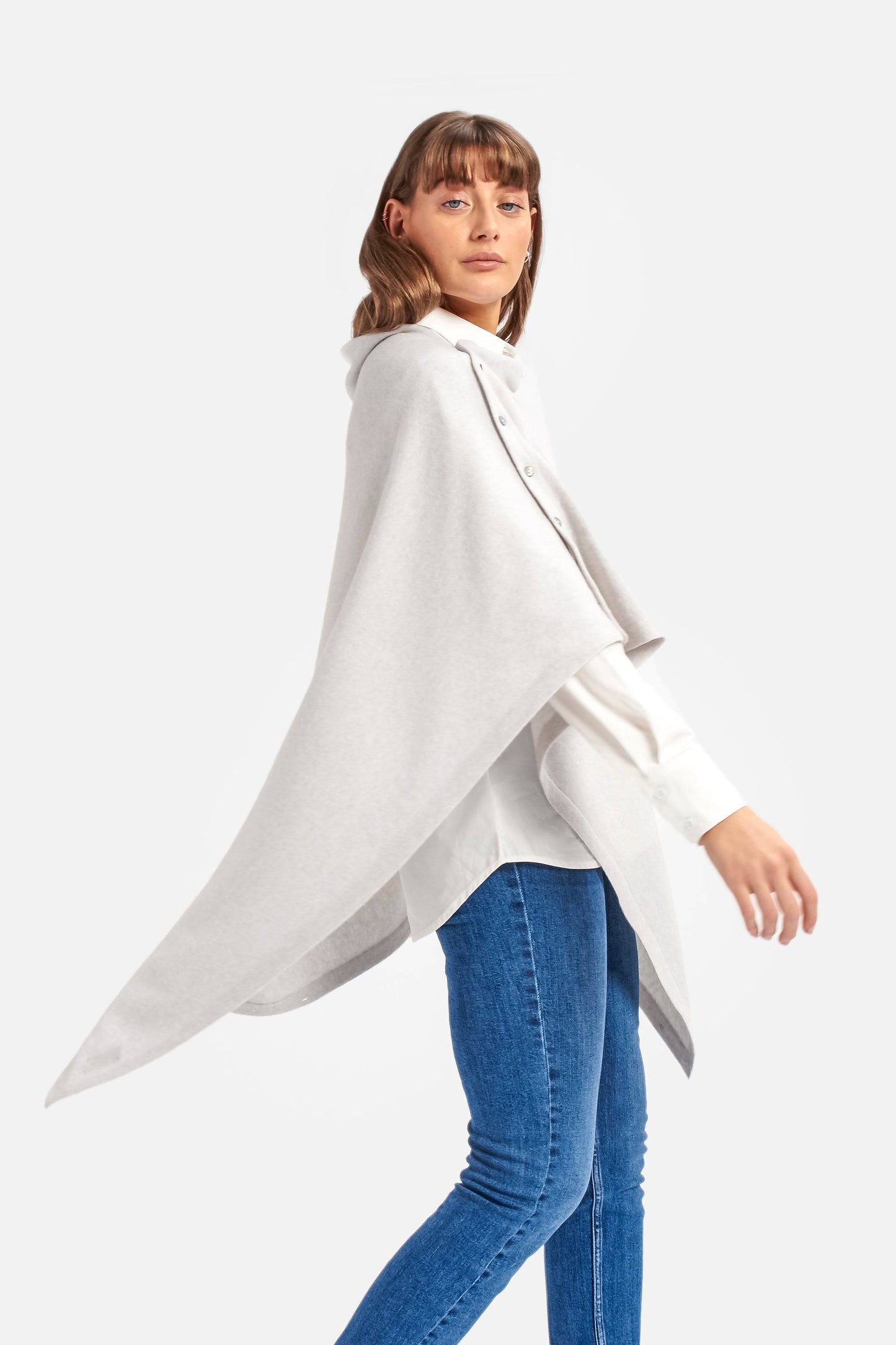 Cashmere & Merino Wool Long Length Button Poncho in Grey Marl by Woodcock & Cavendish for sale - Woodcock and Cavendish